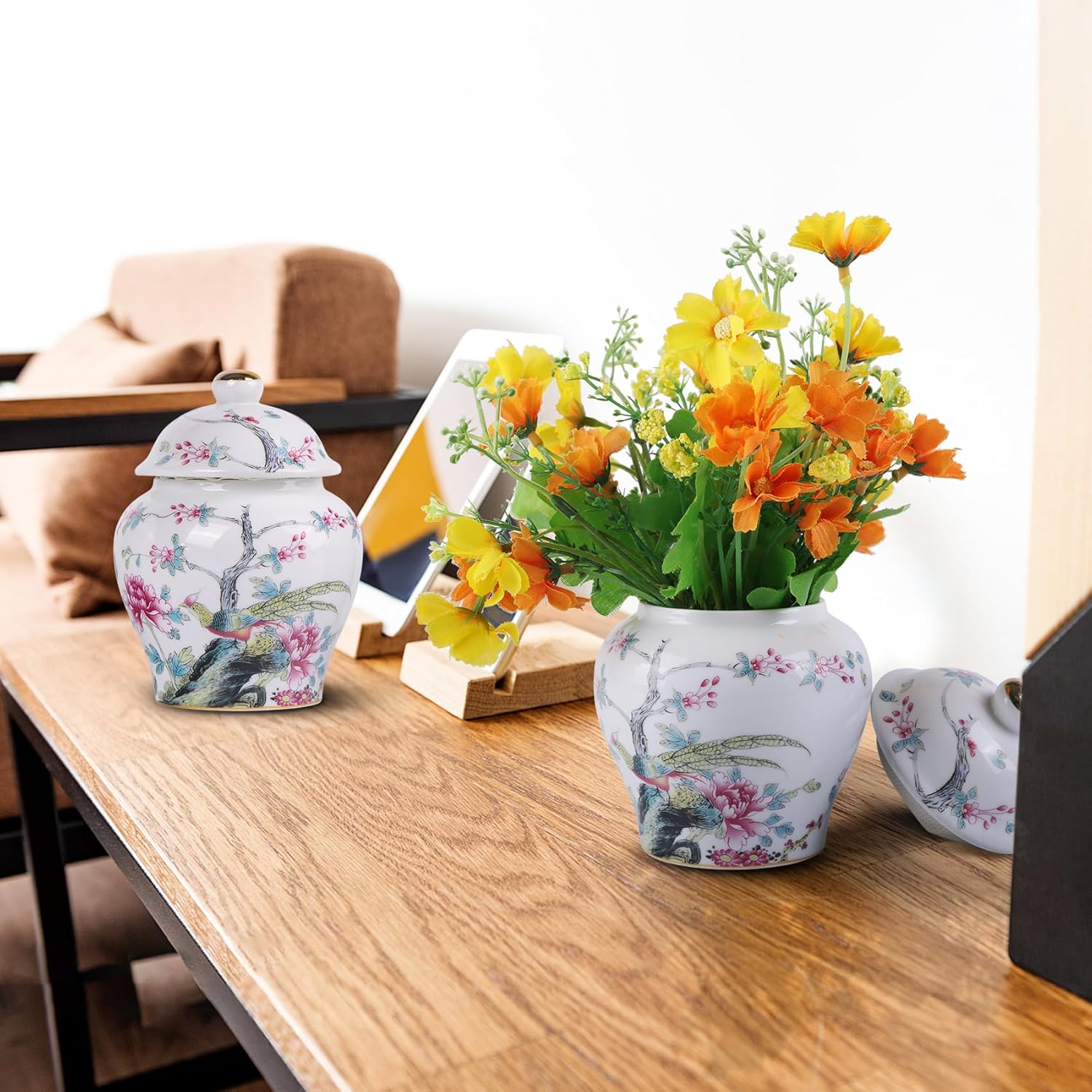 XINGYAN Chinoiserie – Juego de 2 tarros de jengibre, porcelana china azul y blanca, tarro de almacenamiento decorativo para el hogar con tapa (juego