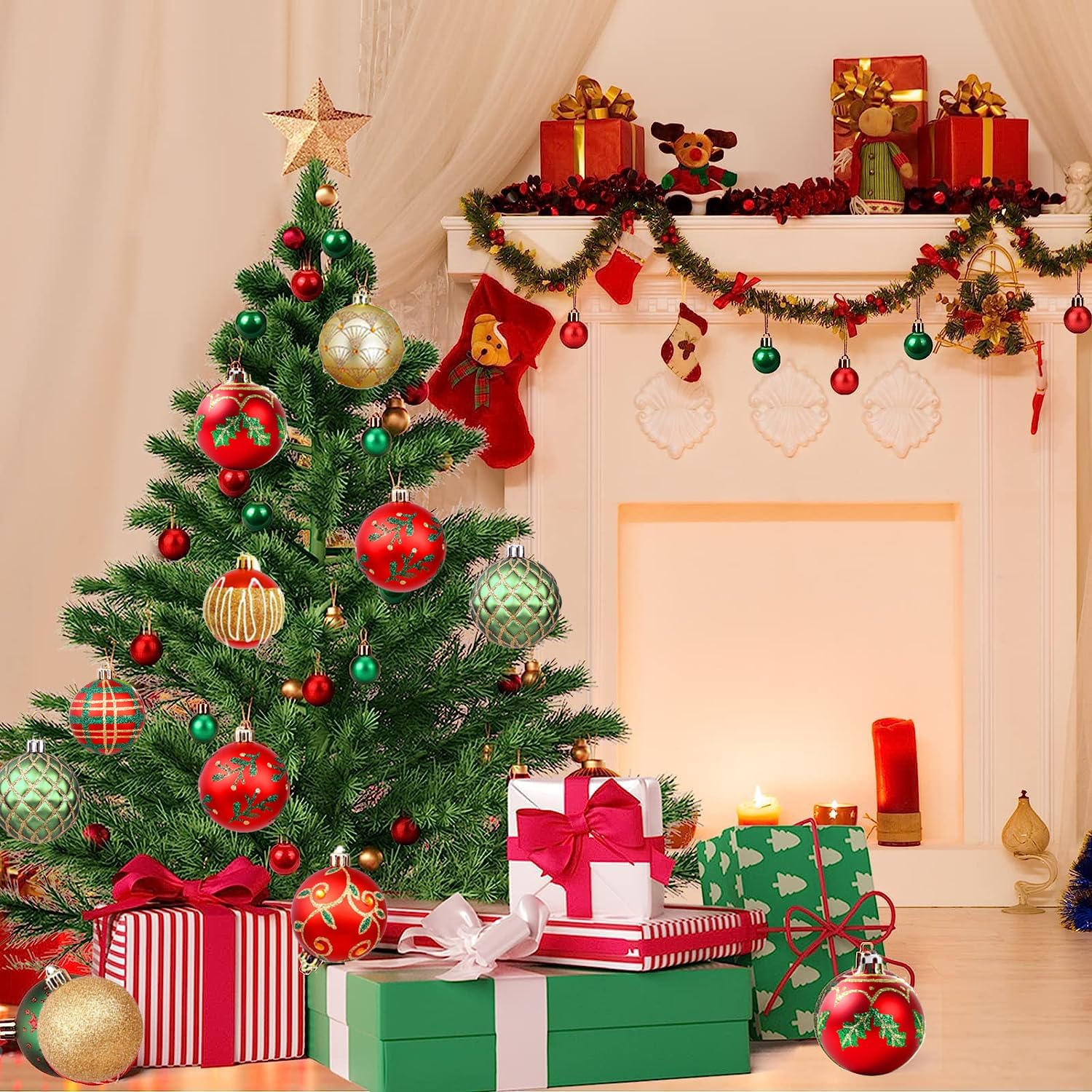 Juego de 30 bolas de Navidad para decoración de árbol de Navidad, 2.4 in, inastillables, adornos para árbol de Navidad, corona de Navidad y