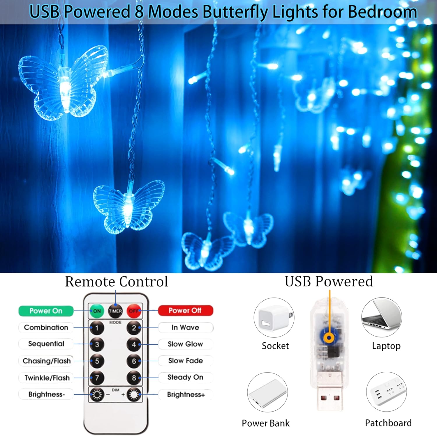 Guirnalda de luces de mariposa azul con enchufe USB, 120 LED, 8 modos, 20 pies, luciérnaga, luces de carámbano parpadeantes, con temporizador