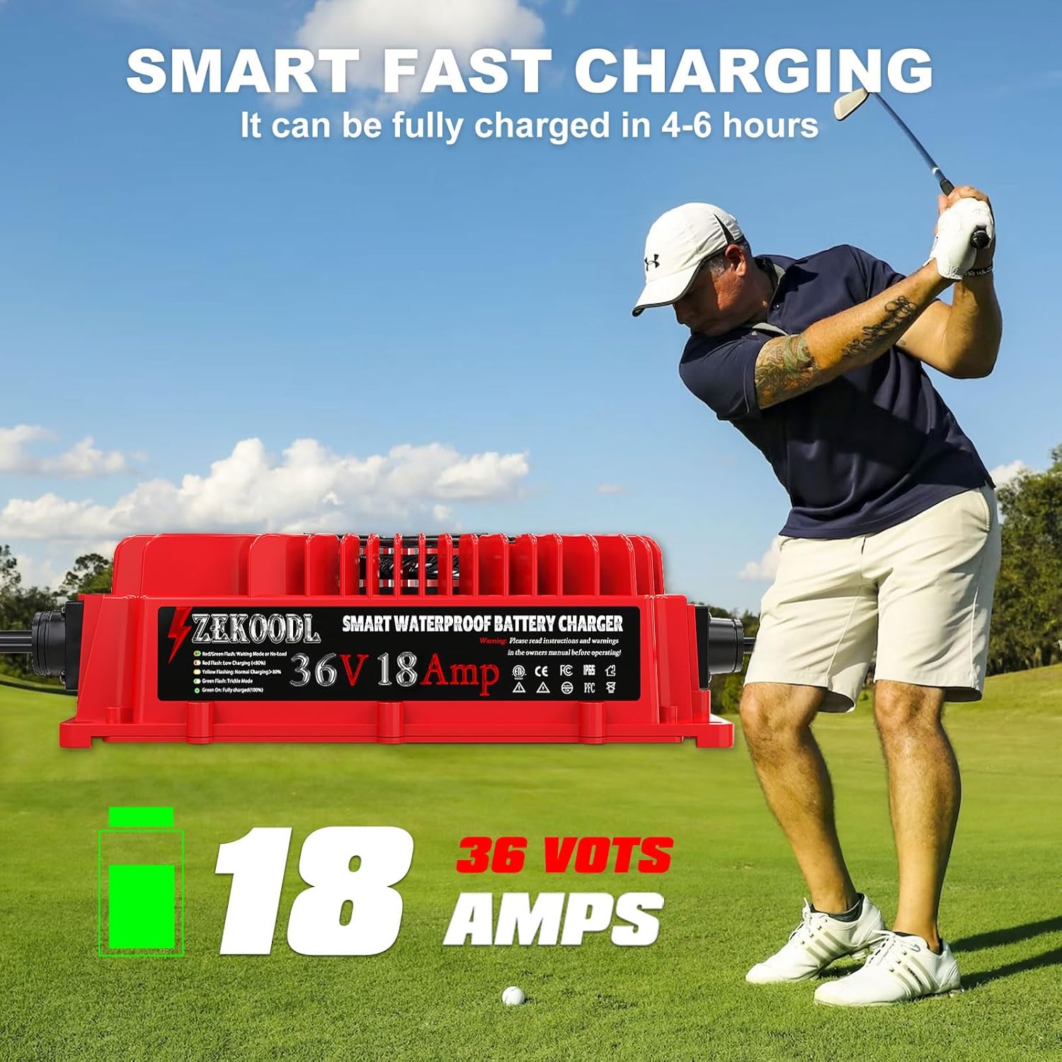 ZEKOODL Cargador de carrito de golf de 36 voltios para EZGO, cargador de batería de 18 amperios y 900 W con carga de goteo, certificado CEFCCPFCETL