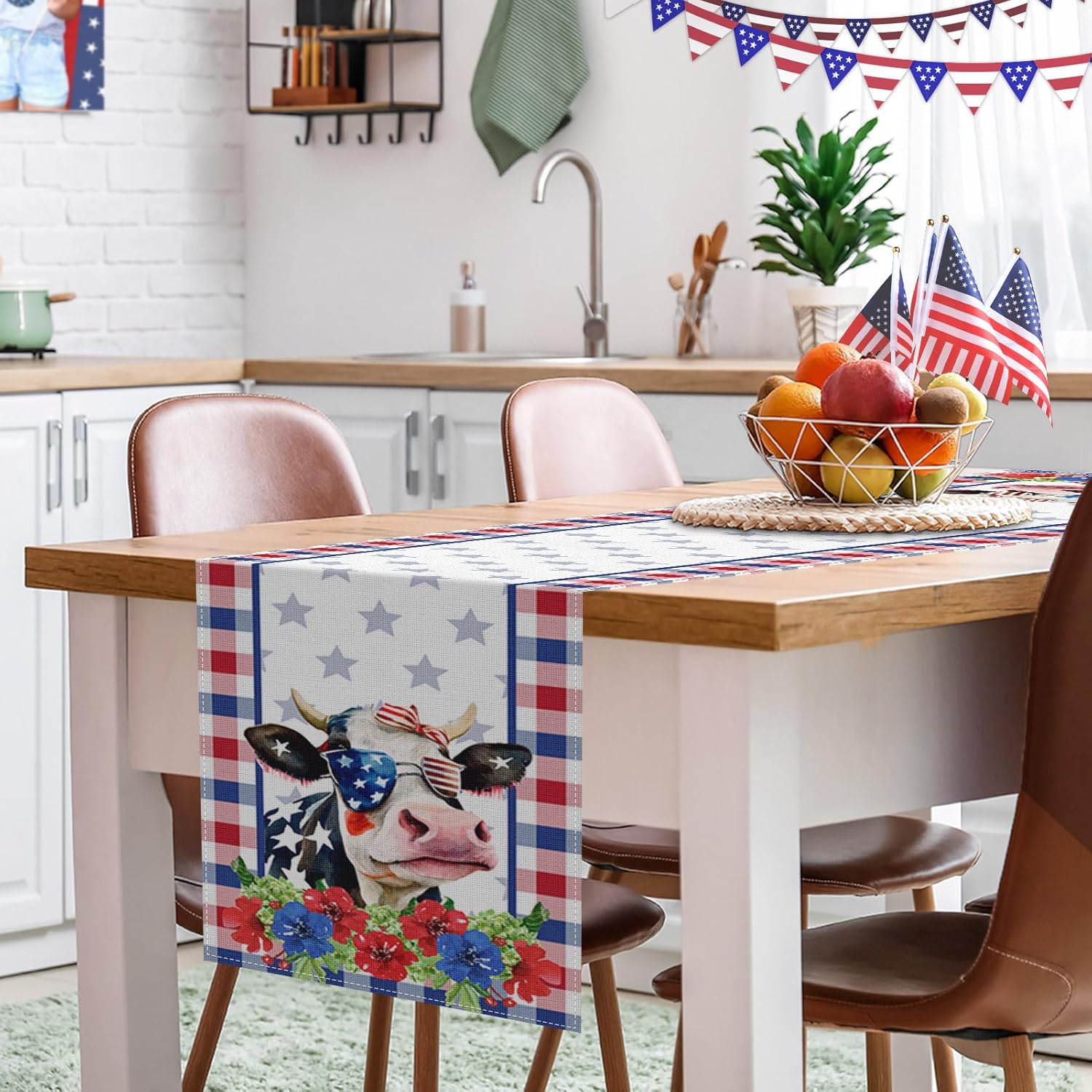 Camino de mesa del 4 de julio, Día de la Independencia, linda vaca, floral, rojo y azul, decoración para mesa de cocina, cenas familiares, fiestas