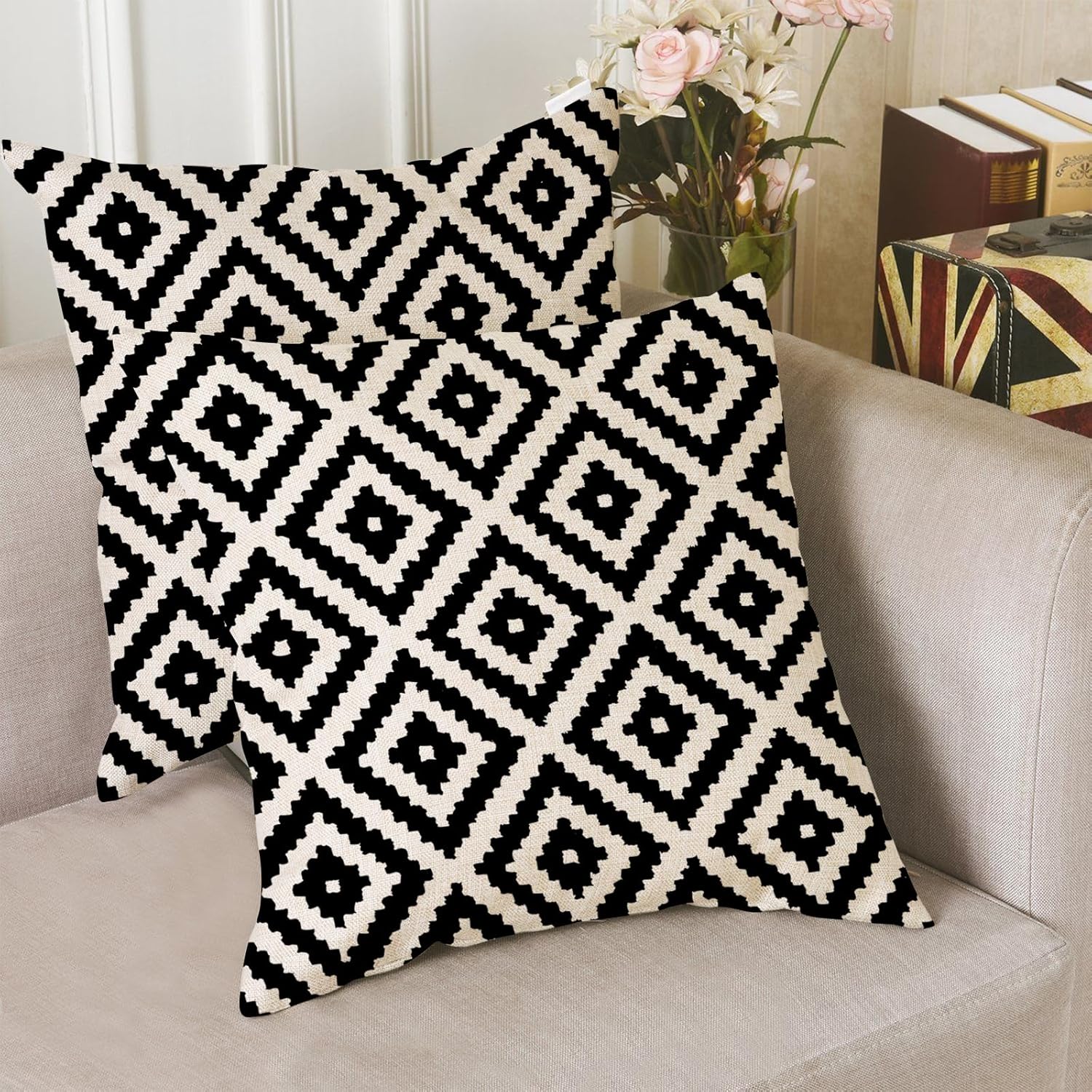 2 fundas de almohada de 18 x 18 pulgadas con patrón geométrico blanco y negro, funda de almohada con patrón retro para decoración del hogar, funda