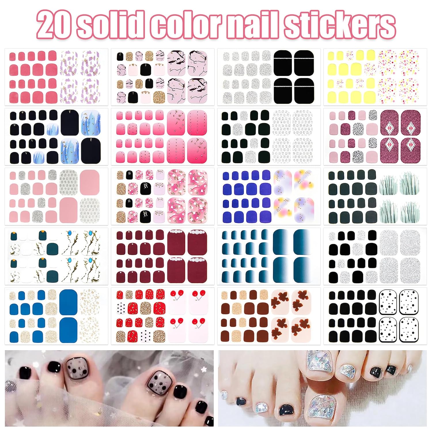 20 hojas de 440 calcomanías autoadhesivas de esmalte de uñas para mujeres y niñas, calcomanías de uñas degradadas con purpurina para uñas de gel