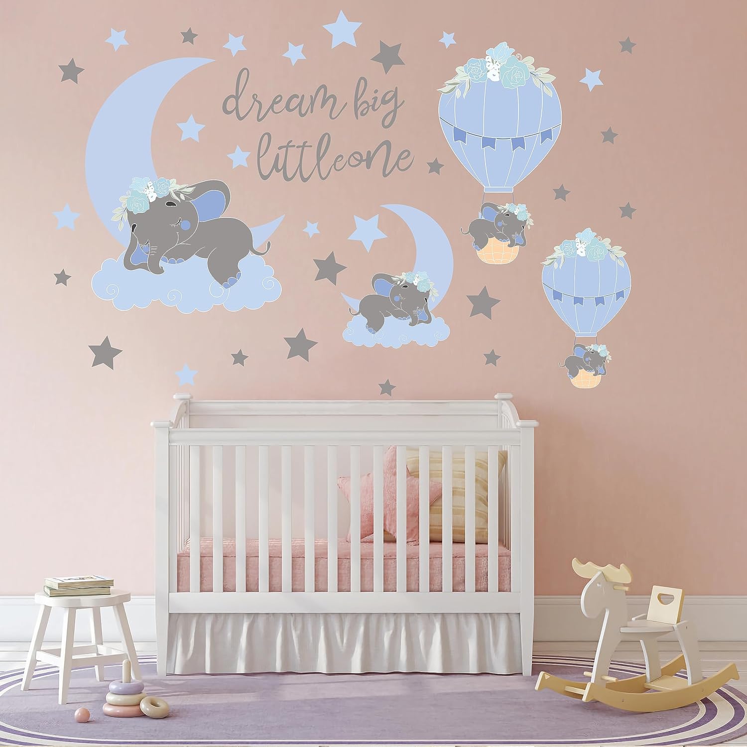 TALLSOCNE Calcomanías de pared Dream Big Little One Elefante, decoración de habitación de bebé, luna azul, globo aerostático, estrellas grises,