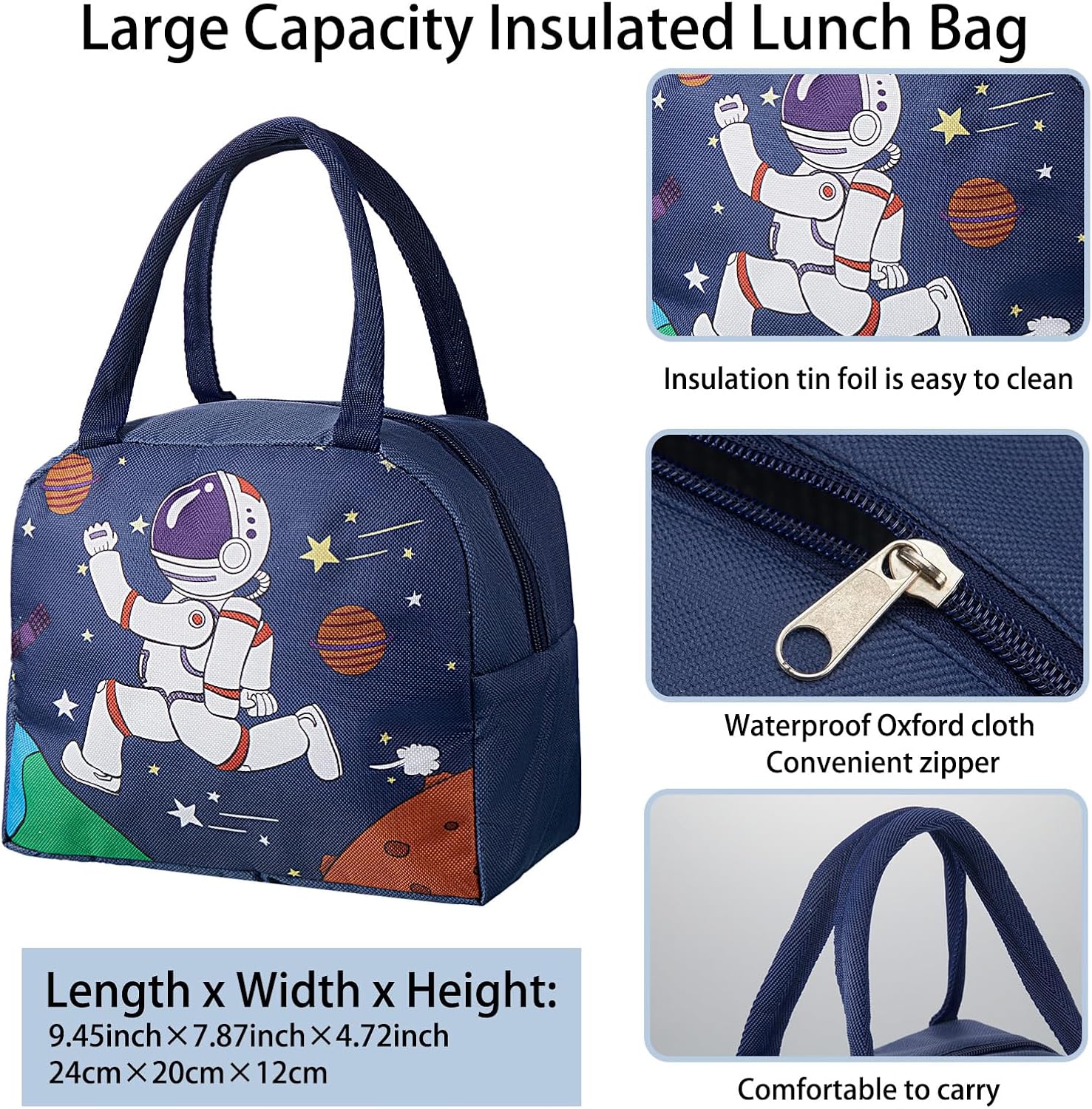 Juego de lonchera de astronauta, lonchera Bento azul, bolsa de almuerzo aislada, botella de agua, calcomanías, tazas gruesas de silicona para