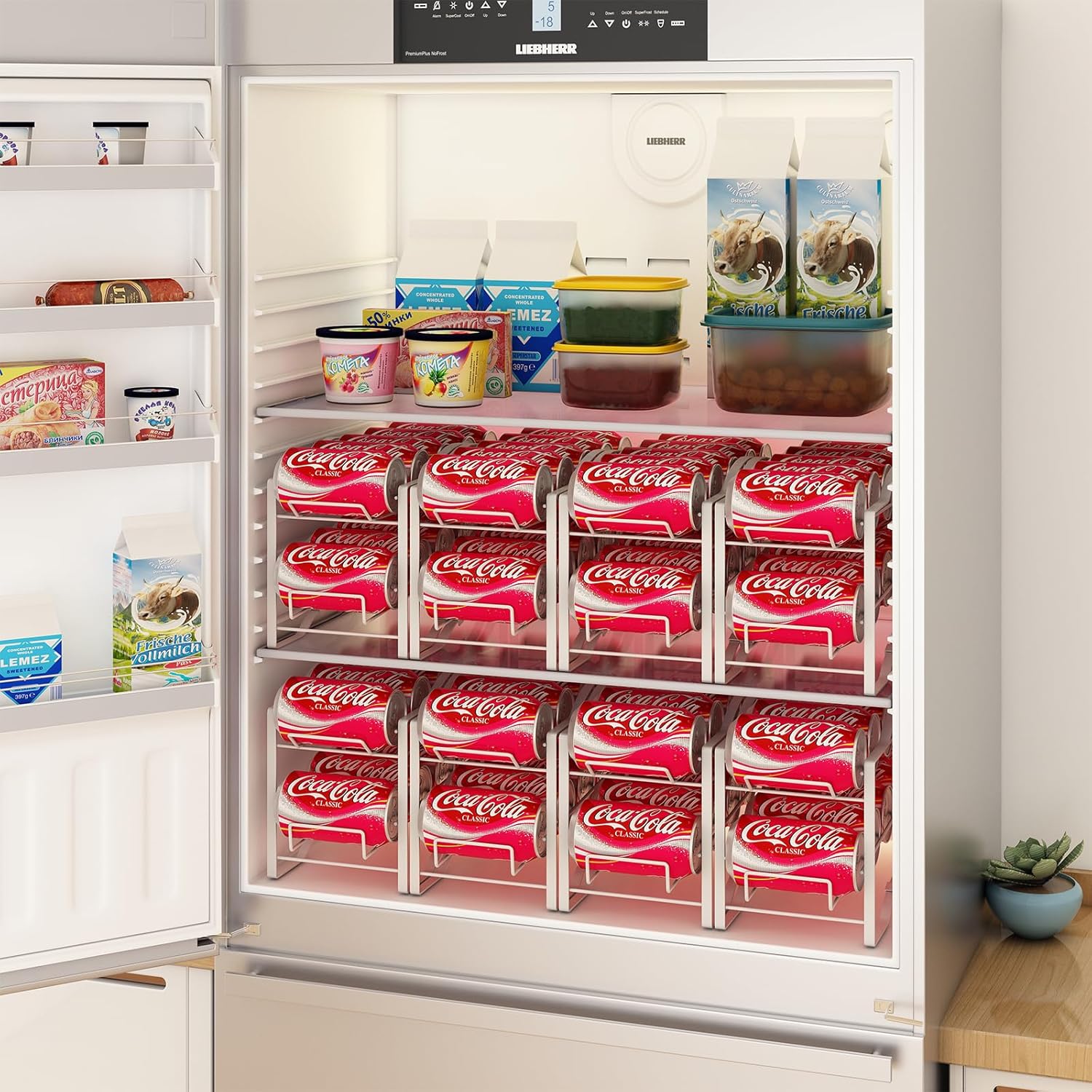 Paquete de 4 organizadores de latas de soda para despensa, soporte dispensador apilable de almacenamiento de latas de refrescos para refrigerador,