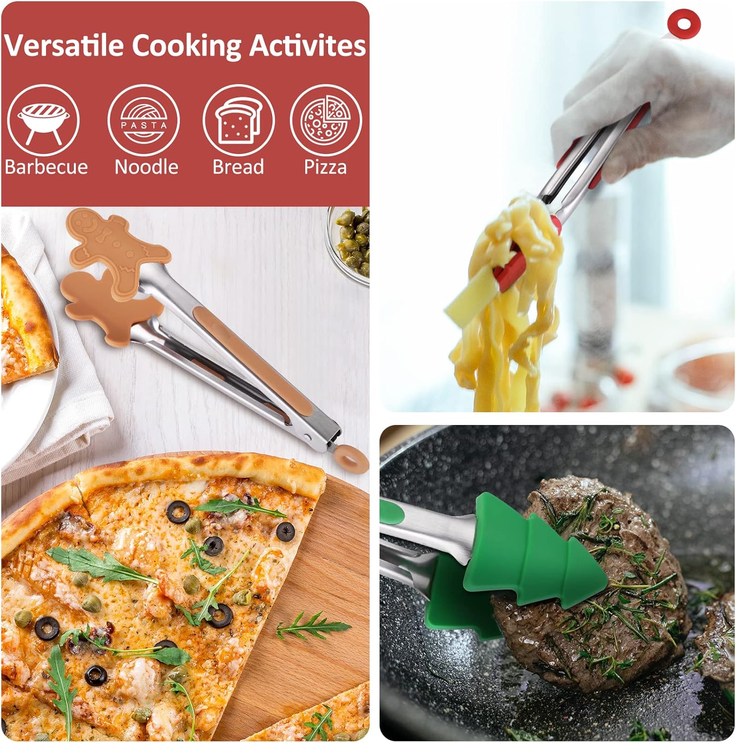 3 pinzas de silicona de Navidad, pinzas de estilo pequeño de 7 pulgadas para cocinar, pinzas coloridas para niños pequeños que sirven alimentos,