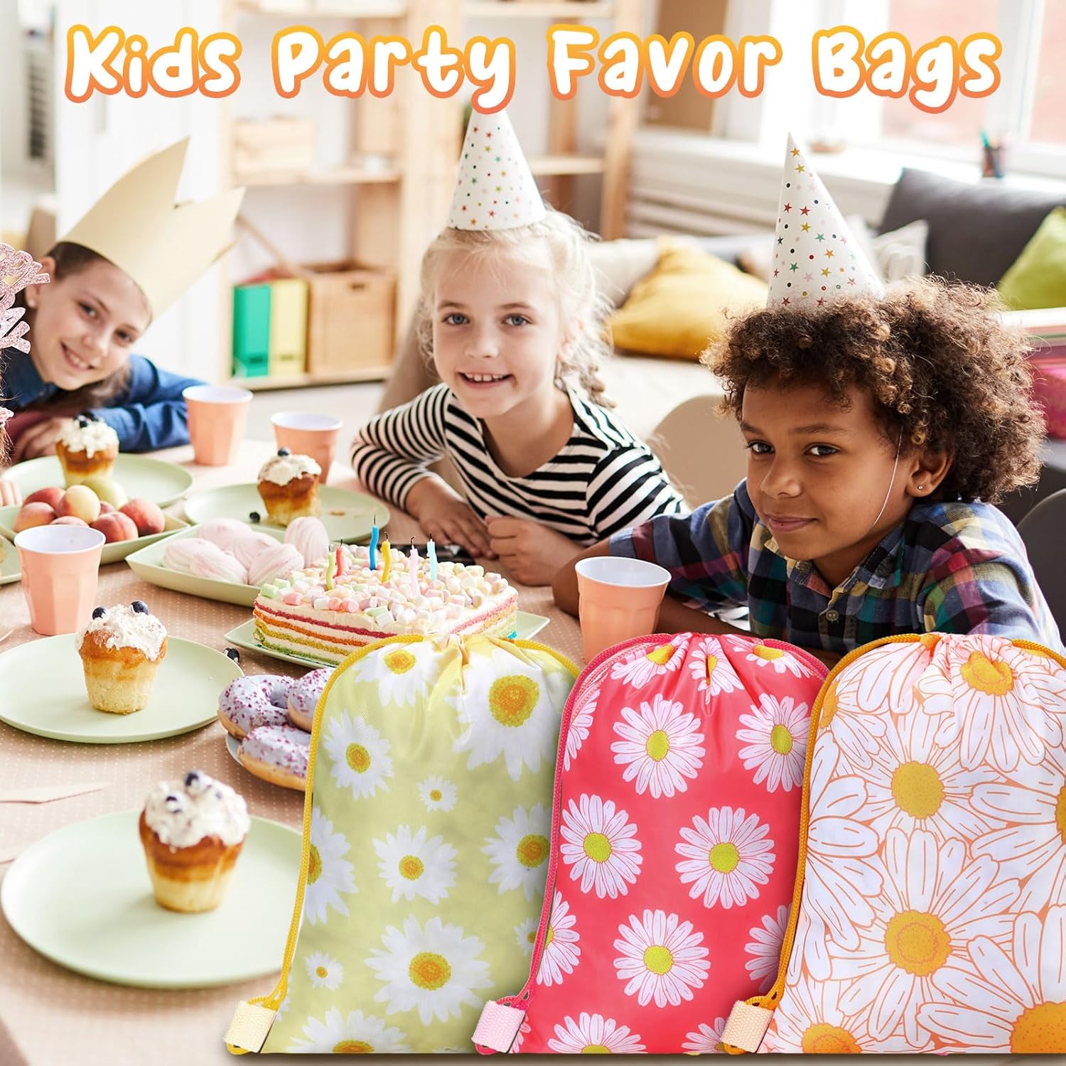 Paquete de 12 bolsas con cordón de flores de margarita, suministros de fiesta de cumpleaños, bolsas de regalo de flores de margarita, bolsas de