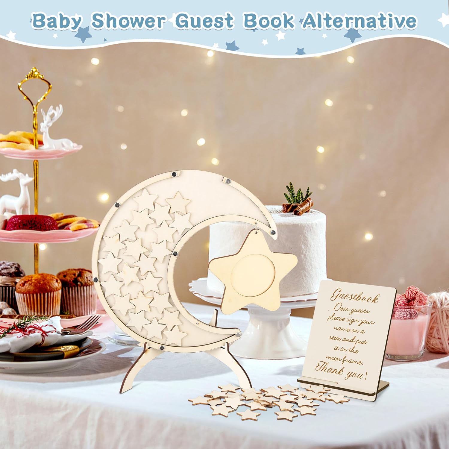Libro de invitados alternativo para baby shower, tablero de letrero de luna, marco de fotos con 60 bloques de madera de estrella, libro de invitados