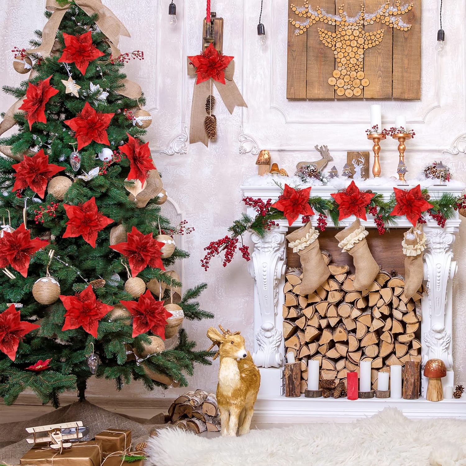 Gadpiparty 12 flores de pascua artificiales con purpurina para Navidad, flores artificiales con purpurina para decoración de árbol con clips y tallo