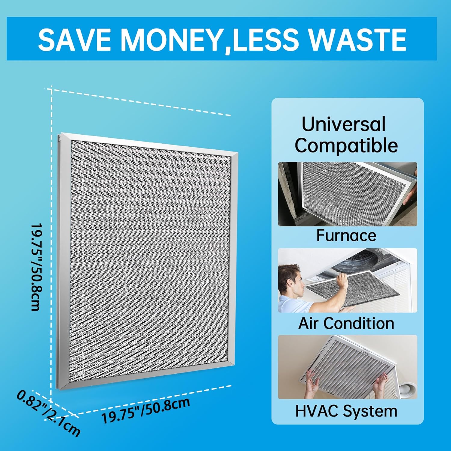 UBeesize – Filtro de aire reutilizable de 20 x 20 x 1 pulgadas, lavable, MERV 8, permanente, electrostático, para aire acondicionado y HVAC y