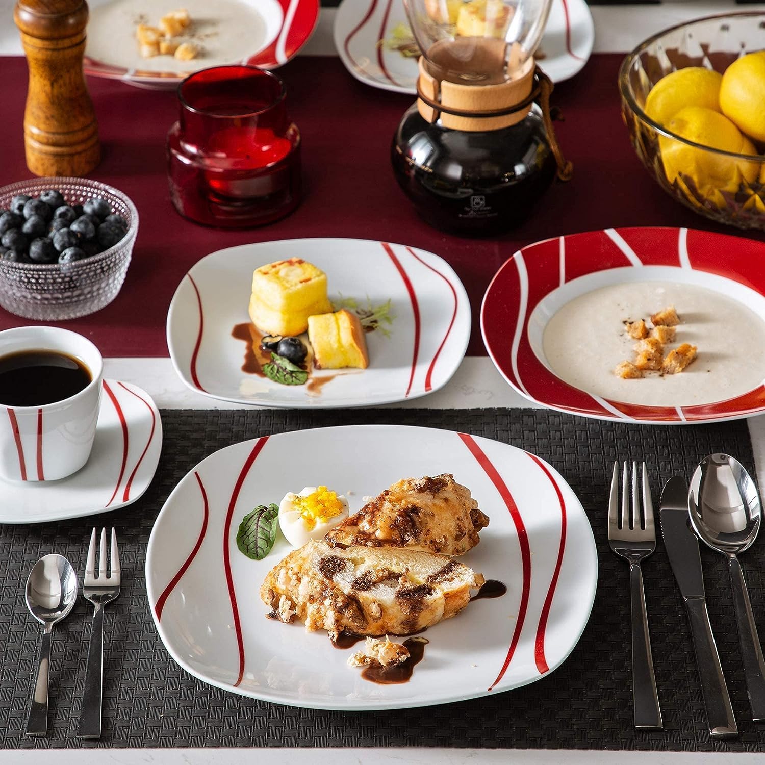 MALACASA Series Felisa – Juego de vajilla cuadrada, 60 piezas de platos y cuencos de porcelana para 12, juego de platos grises y blancos con plato
