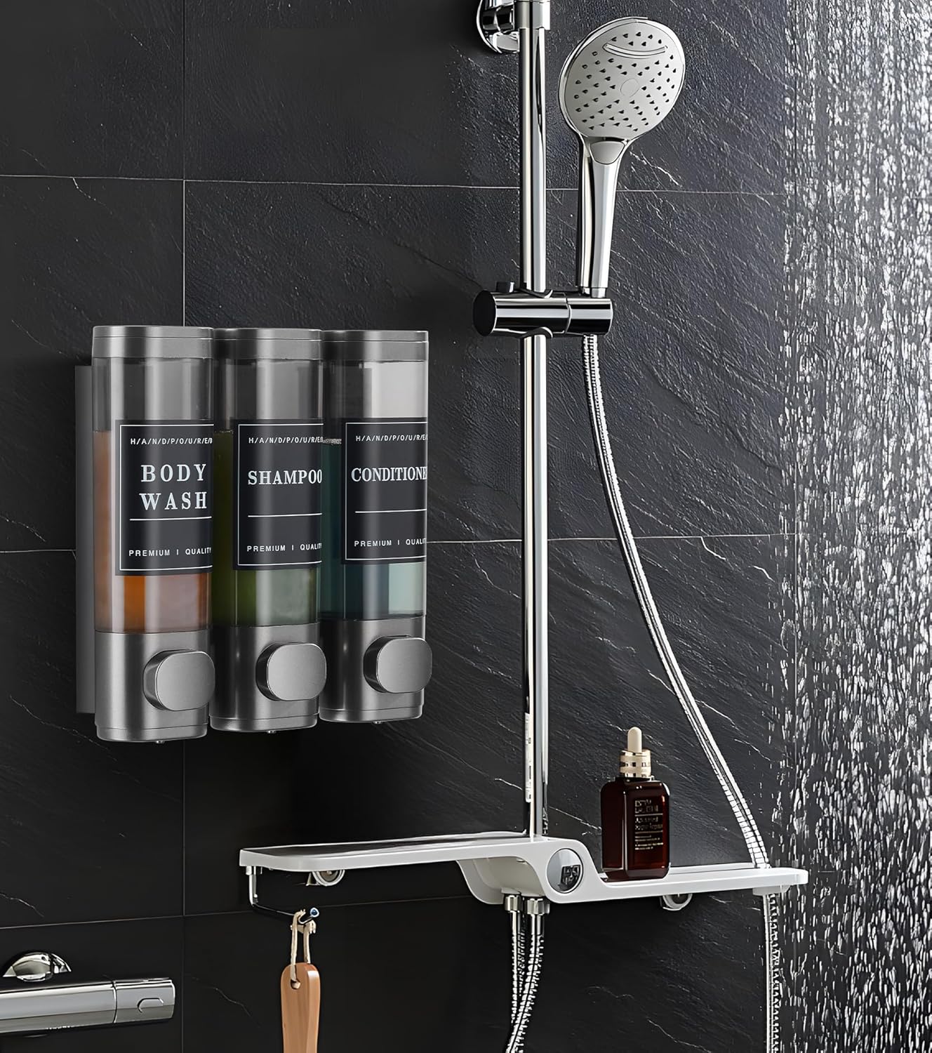 Dispensador de jabón de ducha montado en la pared, dispensador de champú sin taladro, dispensador de champú y acondicionador de pared de ducha,