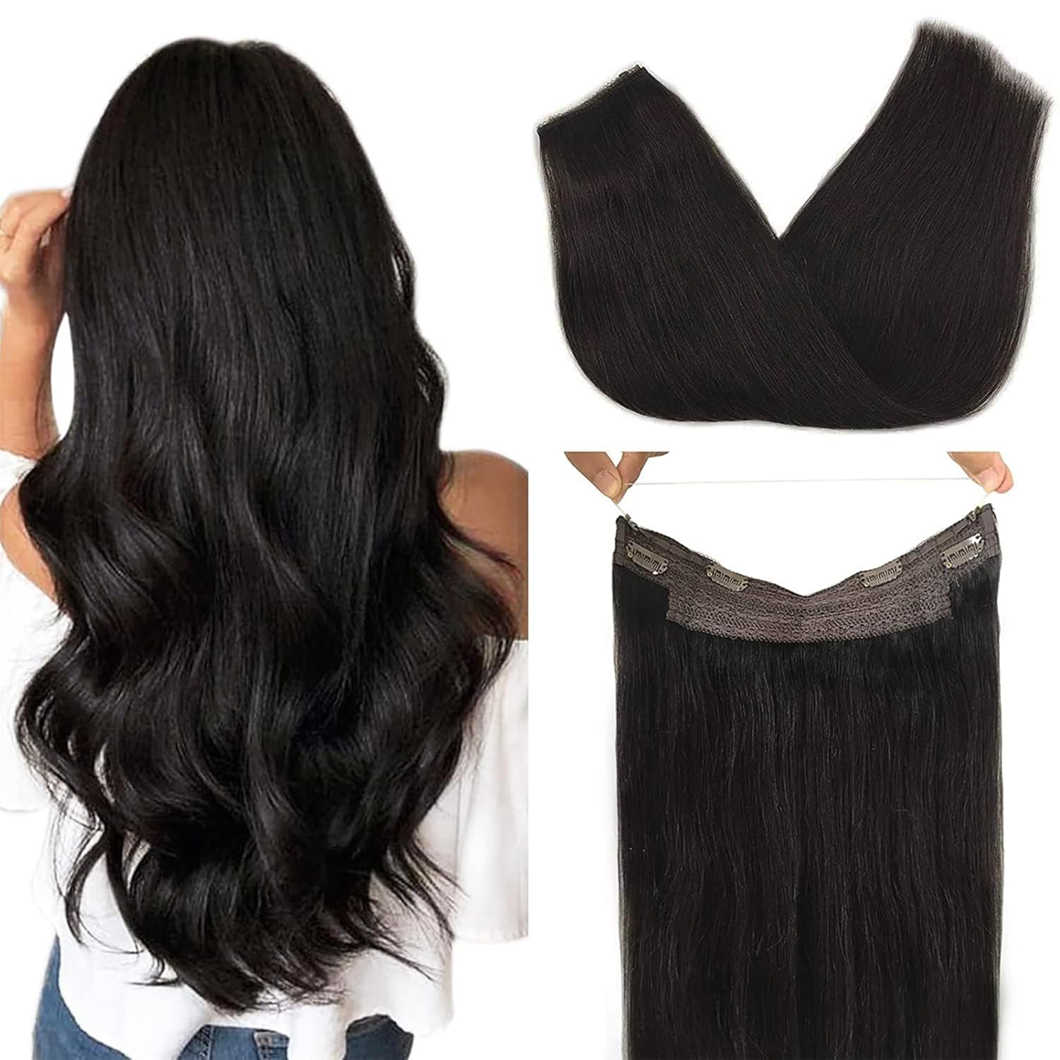 GOO GOO Extensiones de cabello humano con alambre, color negro natural, 14 pulgadas, 75 g , extensiones de cabello humano real Remy, extensiones de