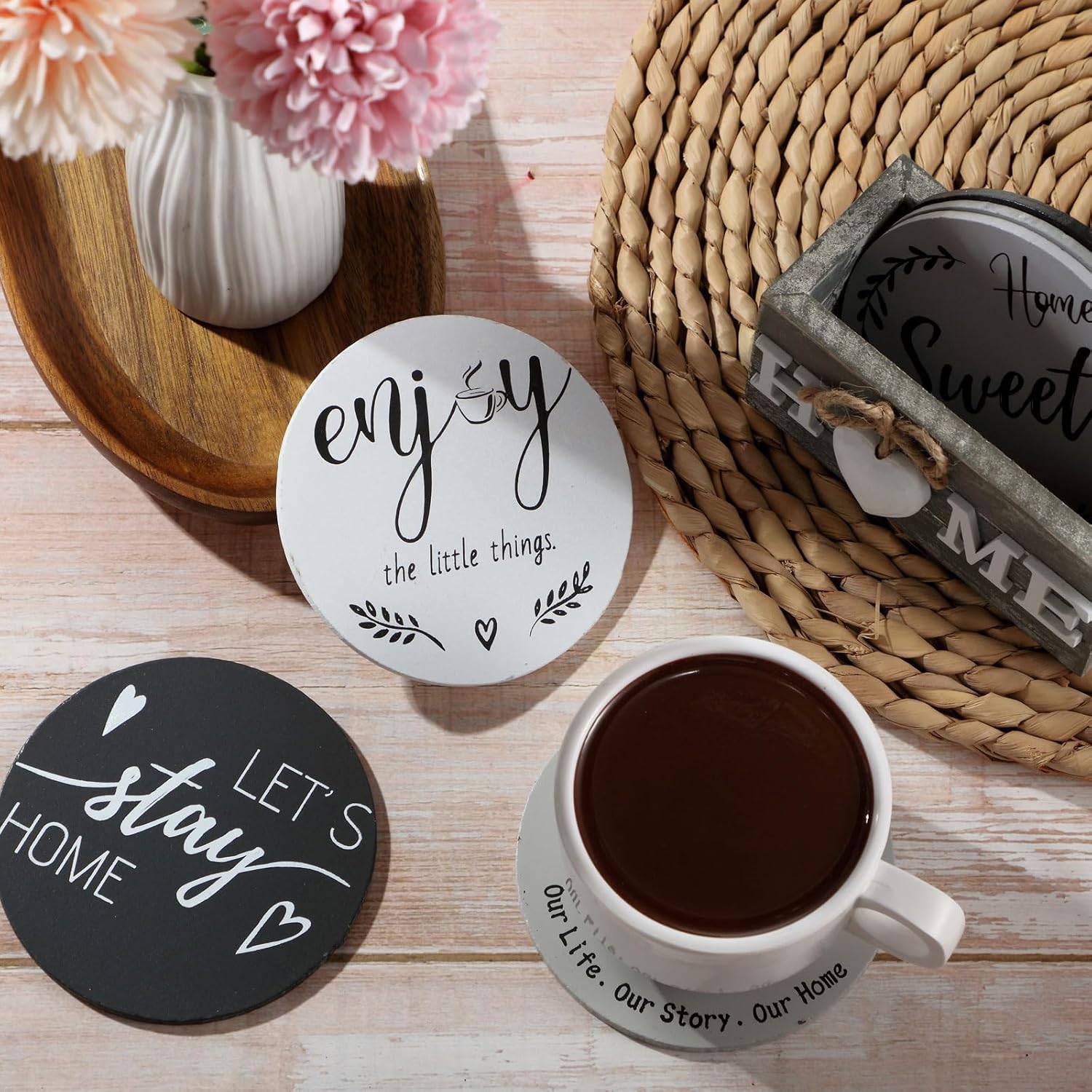 Regalos de inauguración de la casa para decoración del hogar, posavasos de madera con corazón para bebidas, juego de 6 posavasos de granja con
