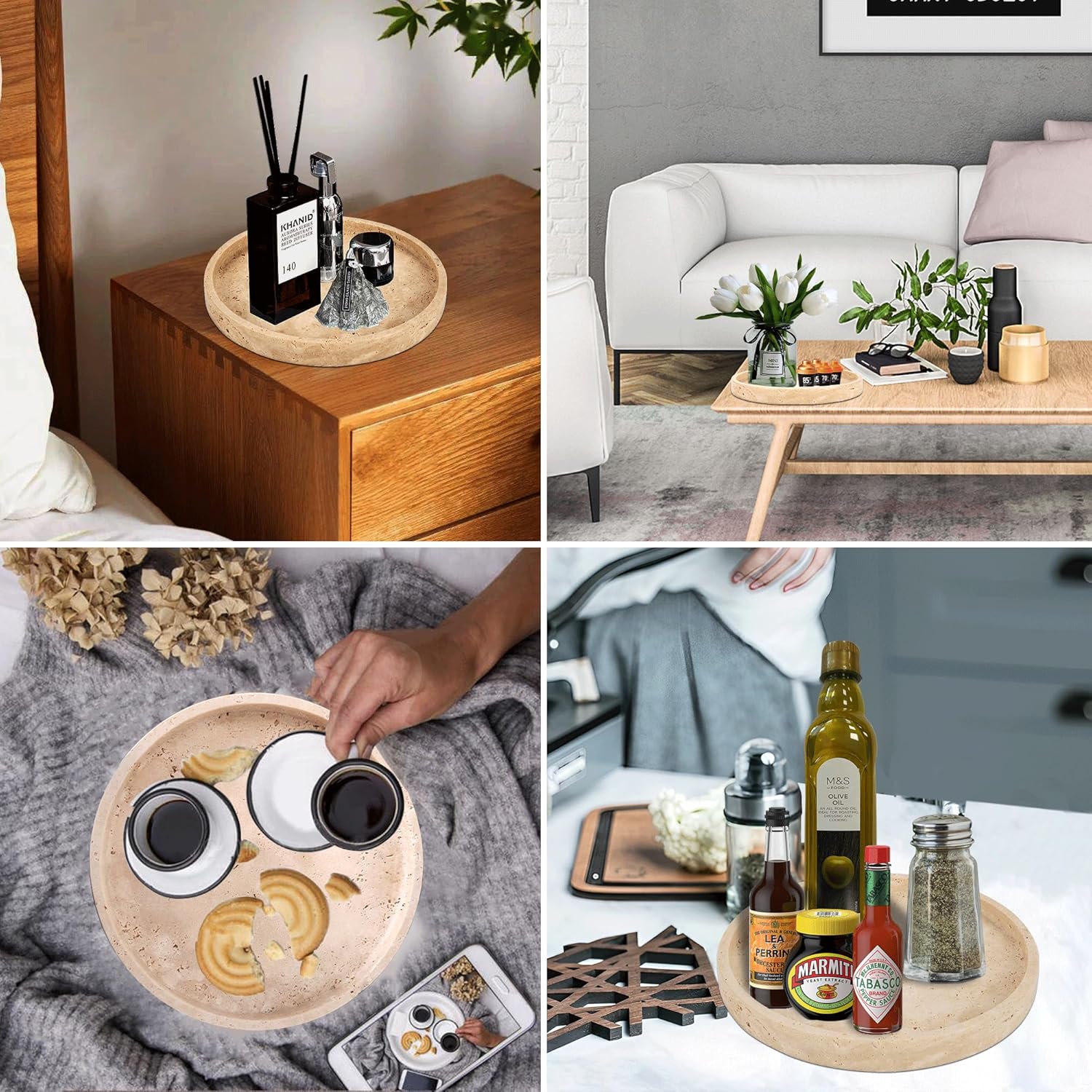 WORHE Bandeja de tocador de travertino natural para baño, tocador, mostrador, decoración del hogar, bandeja decorativa redonda de mármol para velas,