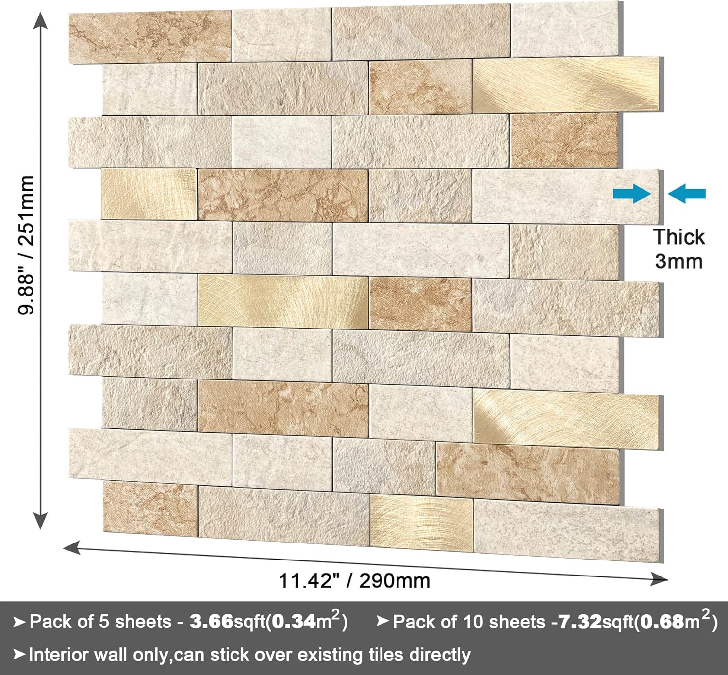 BeNice Adhesivos para azulejos de cocina, ladrillo 3D mate, azulejos adhesivos de mosaico lineal para baño, ducha, pared, chimenea (5 unidades,