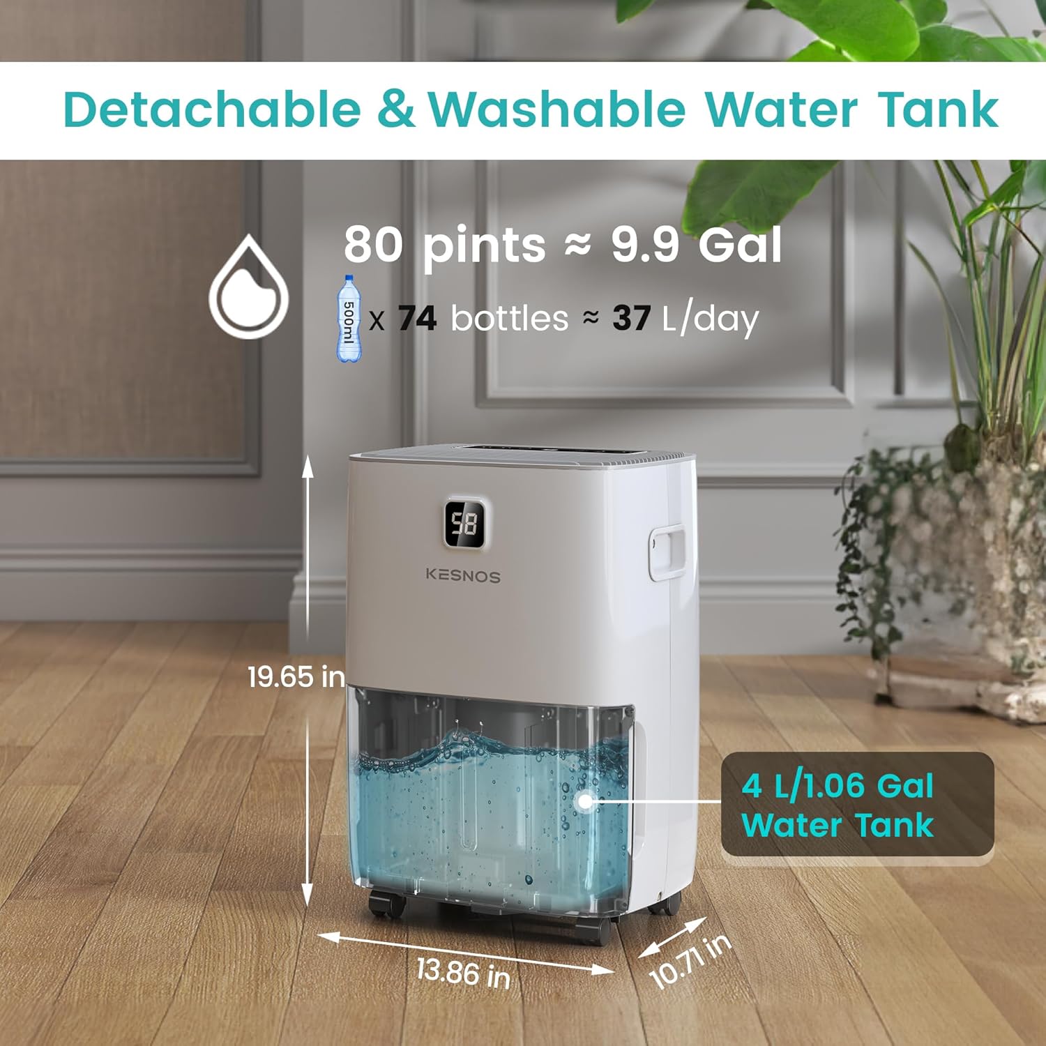 Kesnos Deshumidificador para el hogar de 80 pintas, el más eficiente Energy Star 2023 para espacio de hasta 5500 pies cuadrados  Deshumidificador