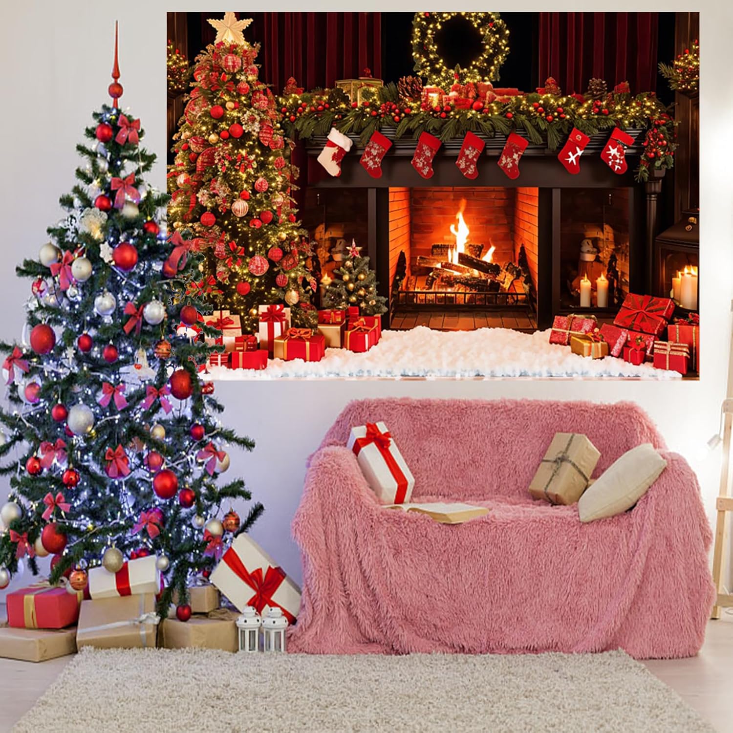 Yongfoto Chimenea de Navidad de 5 x 3 pies Decoración del hogar Fondo Nochebuena Fotografía de Año Nuevo Cumpleaños Recién Nacido Baby Shower