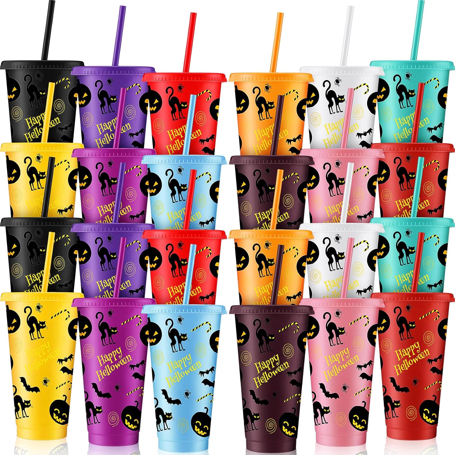 24 vasos de plástico de Halloween con tapas y pajita, vasos reutilizables a granel de 24 onzas con tapa y popote para bebidas frías, vaso colorido