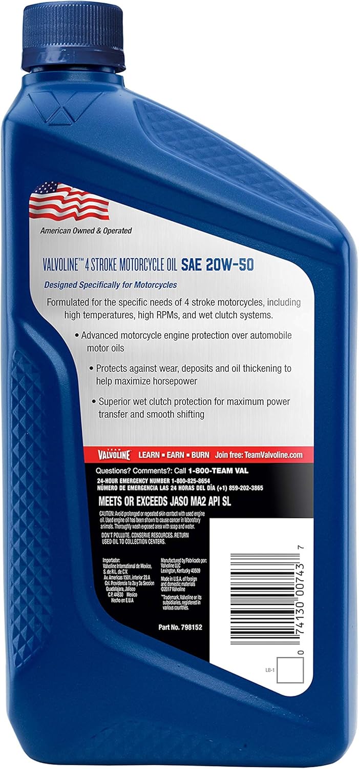 Valvoline Aceite de motor SAE 20W-50 de 4 tiempos para motocicleta de 1 QT