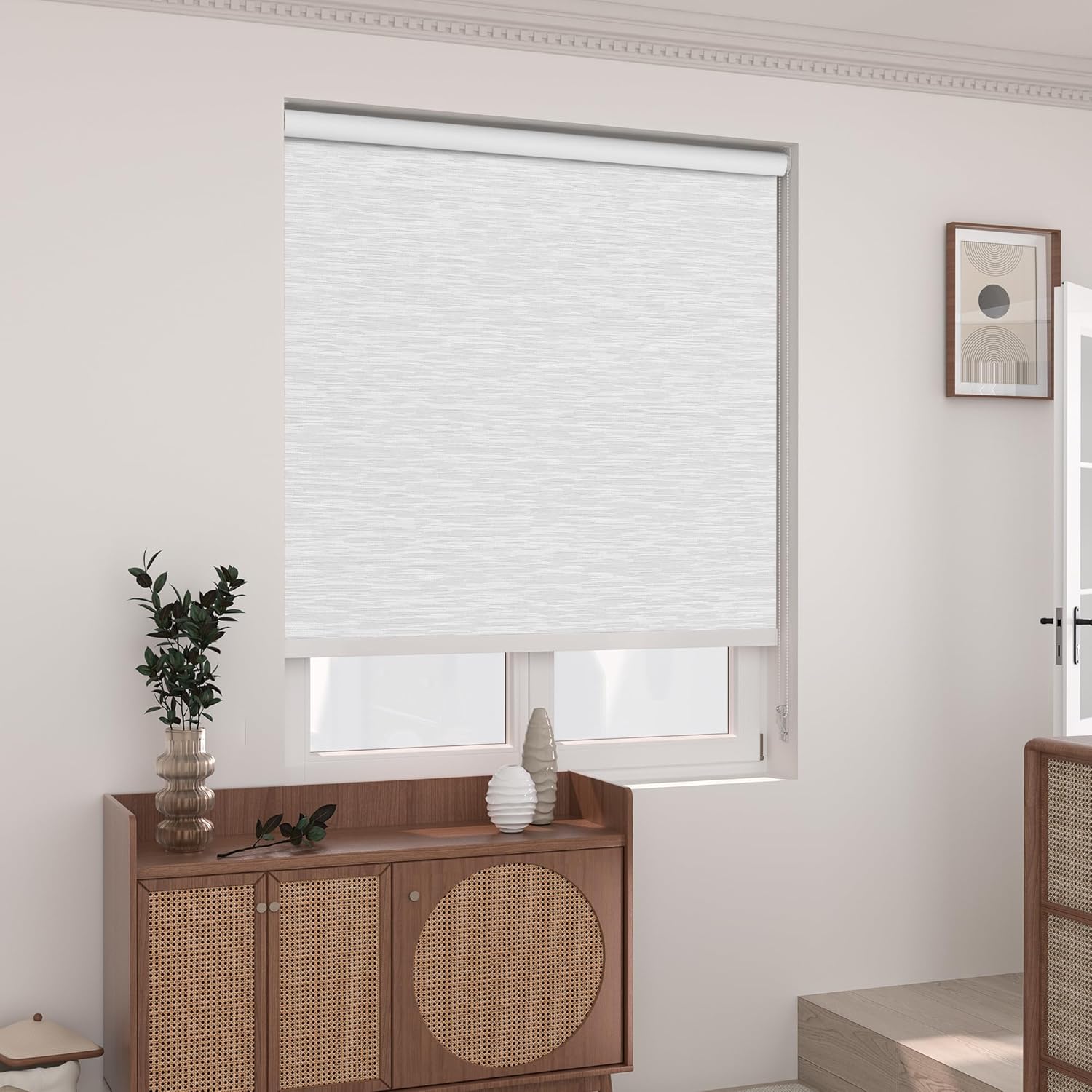 Boolegon Persianas enrollables opacas, persianas enrollables para ventana con tela jacquard a rayas de estilo lujoso, protección UV, persianas