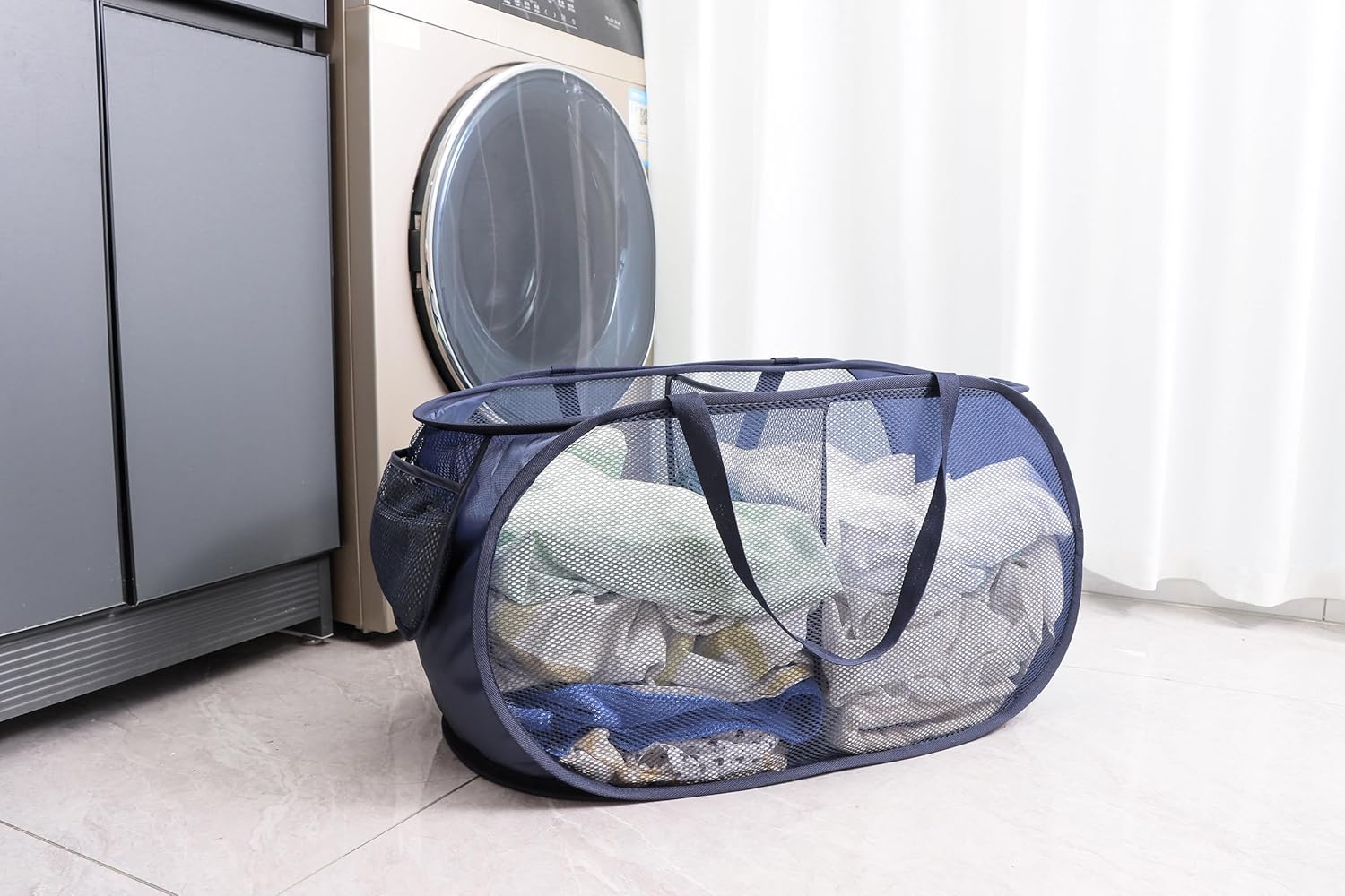 Cesta plegable de malla para lavandería, 2 compartimentos, cesta de lavandería con asas fuertes, fácil de abrir y plegar para dormitorio,