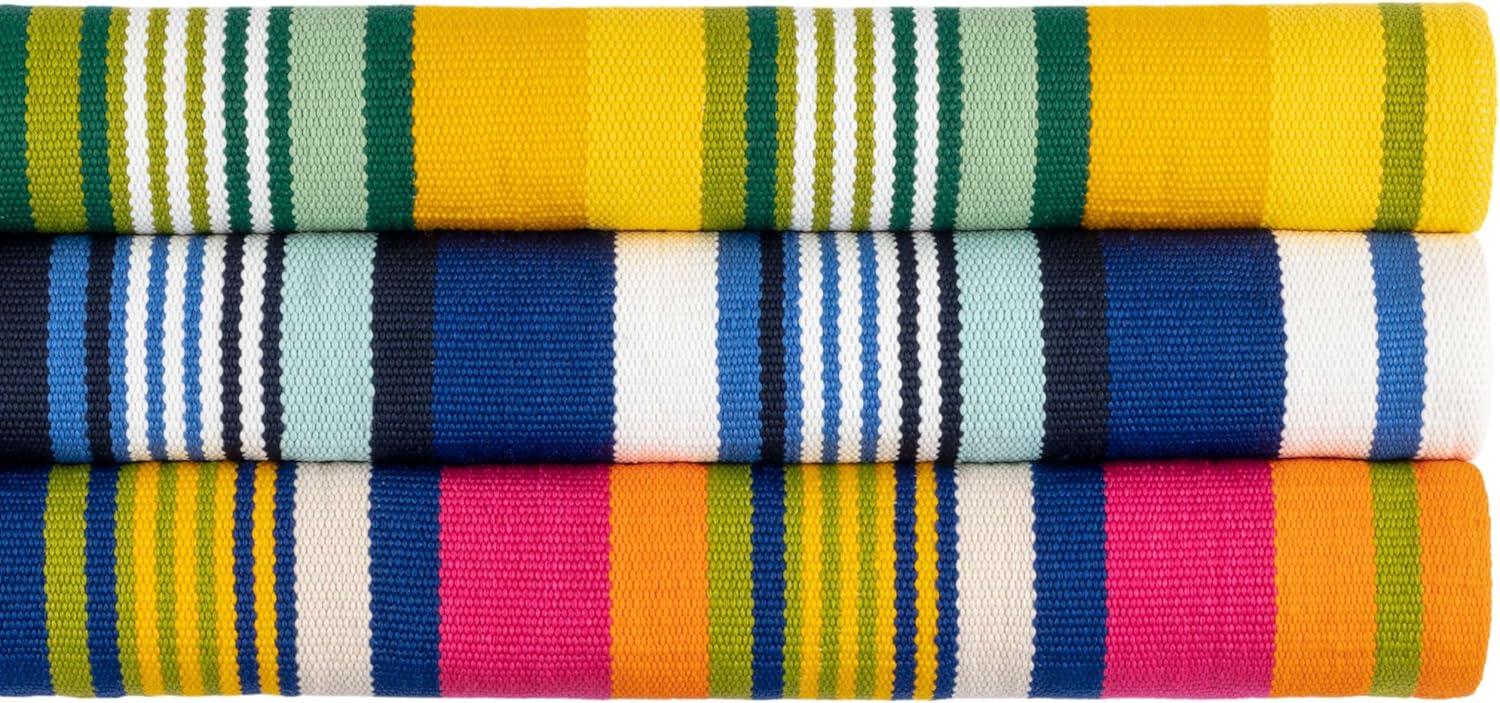Dash and Albert Sunny Stripe Lemon – Alfombra tejida a mano para interiores y exteriores, 4 x 6 pies, patrón de rayas amarillasnaranjasverdes