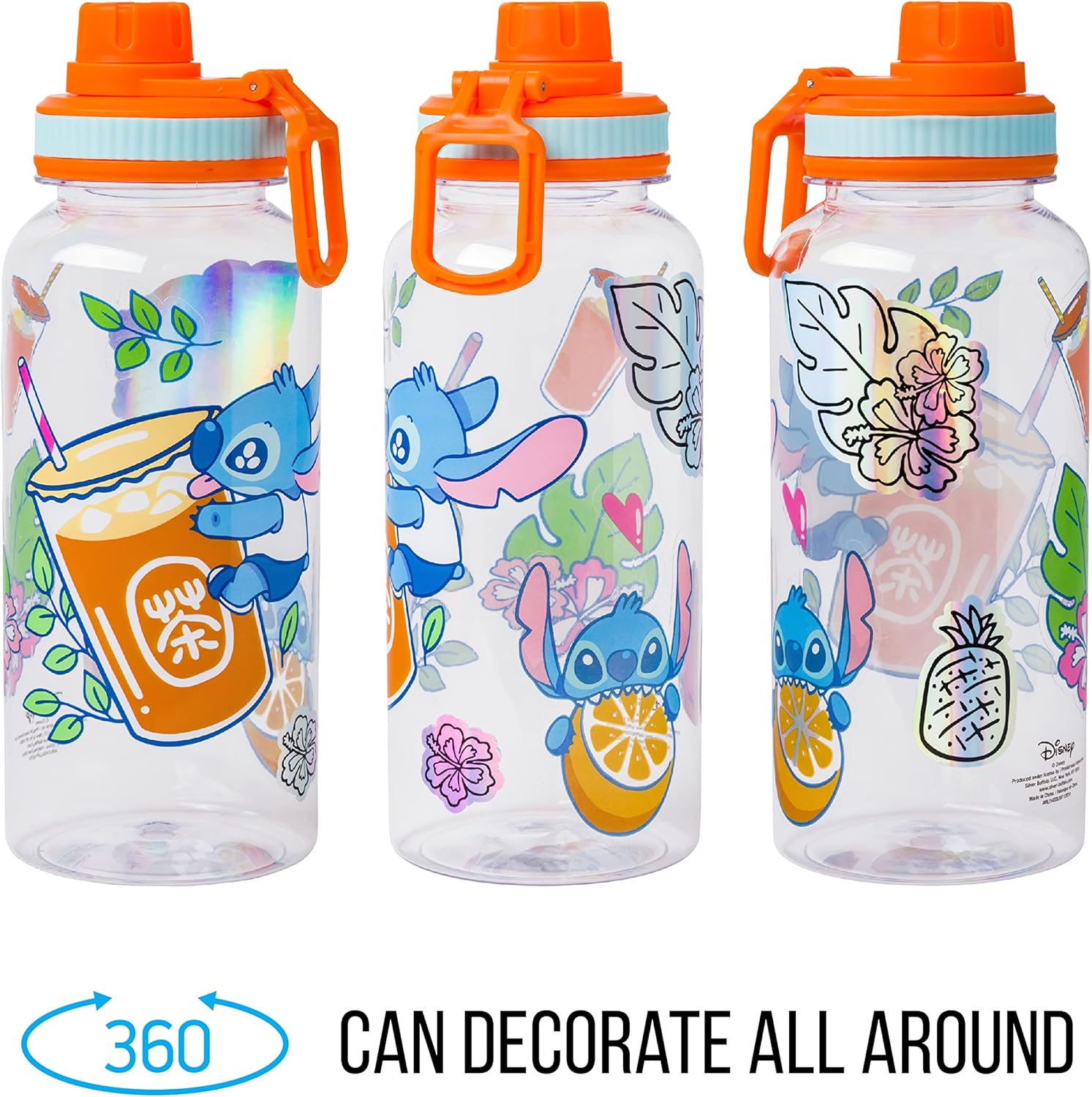 Silver Buffalo Lilo and Stitch – Botella de agua de plástico con boquilla giratoria de té de burbujas con calcomanías holográficas You Stick