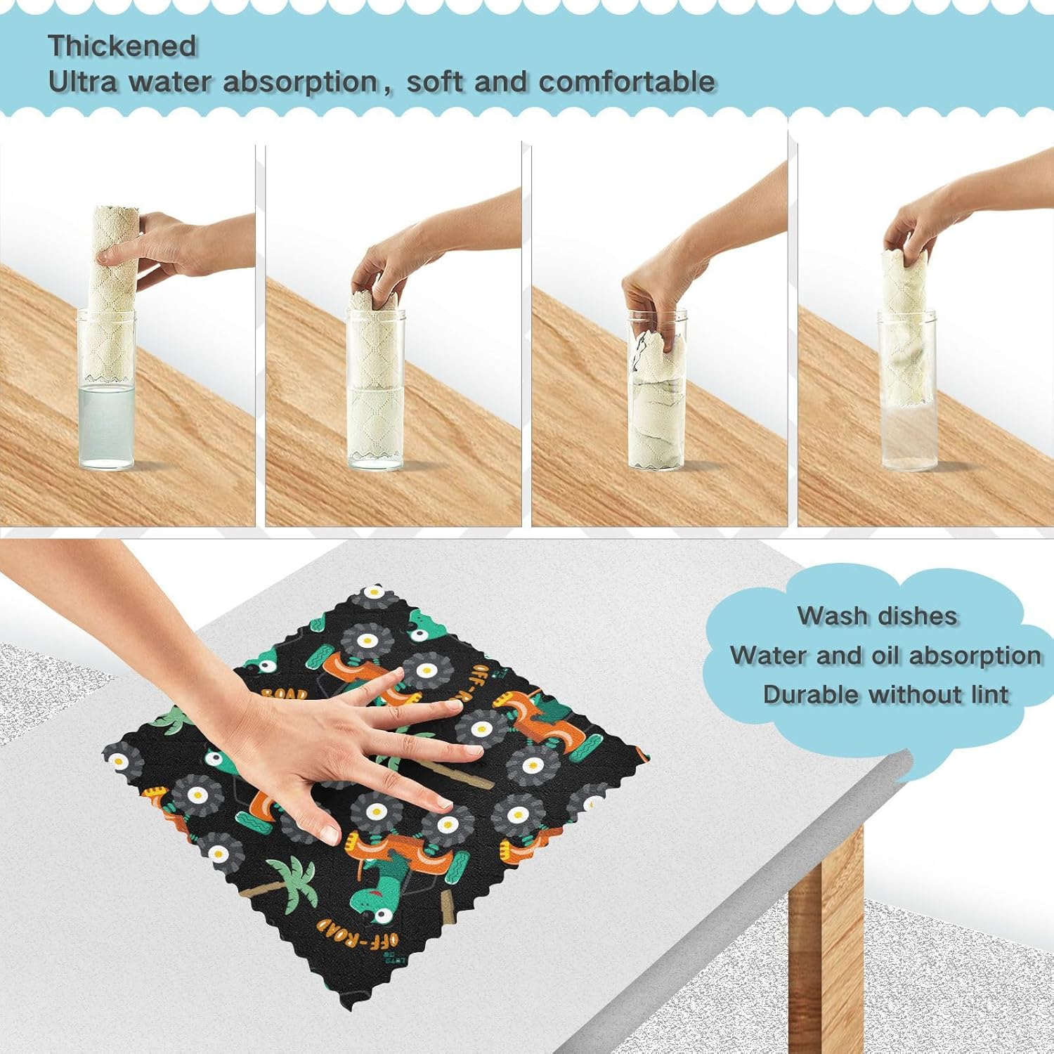 Funny Monster Animal Cars Cotton Print Kitchen Towels and Dishcloths Quick Dry Set of 6 Microfiber Absorbant Towel for Countertop Coffee