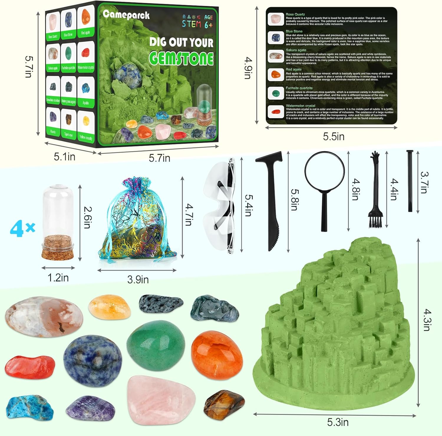 Kit de excavación de piedras preciosas (forma única), gran kit de ciencia STEM para niños, excava tus propias 12 piedras preciosas reales, juguetes