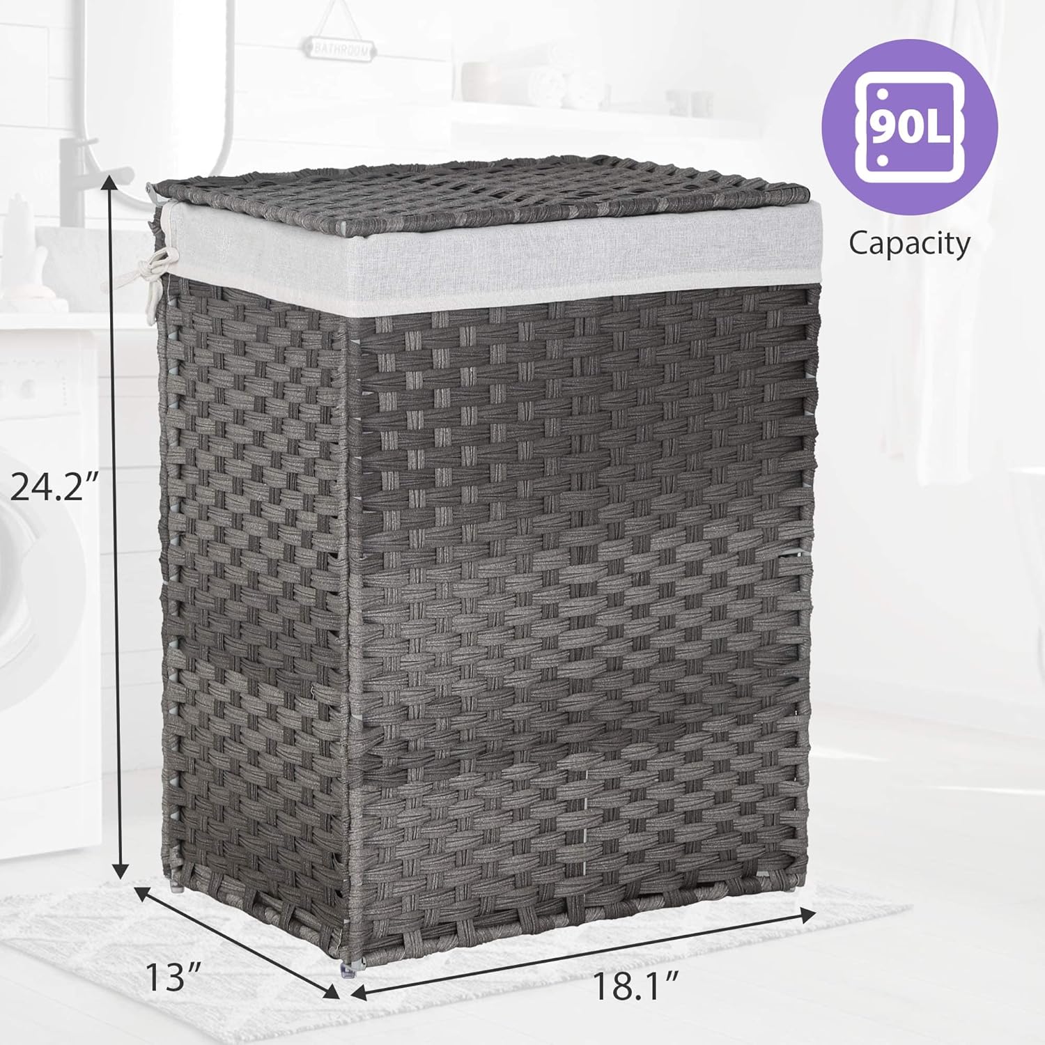 Cesta de lavandería con tapa, cesta de ropa plegable de 90 litros con 6 bolsas de lavandería y 2 bolsas extraíbles con forro tejidas a mano para