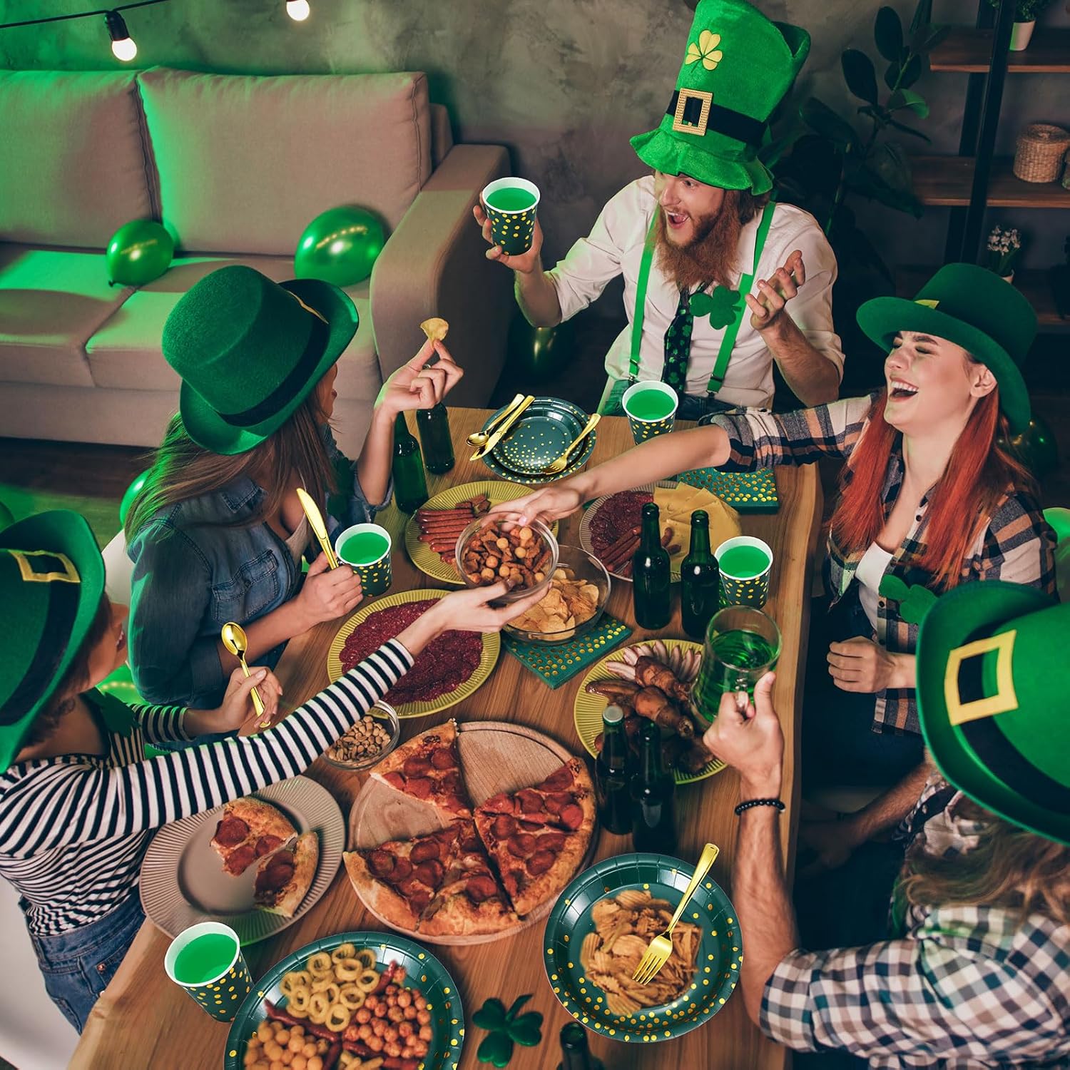 560 piezas de suministros de fiesta verde oscuro y dorado para 80 invitados, juegos de vajilla desechables, platos de papel verde, servilletas,