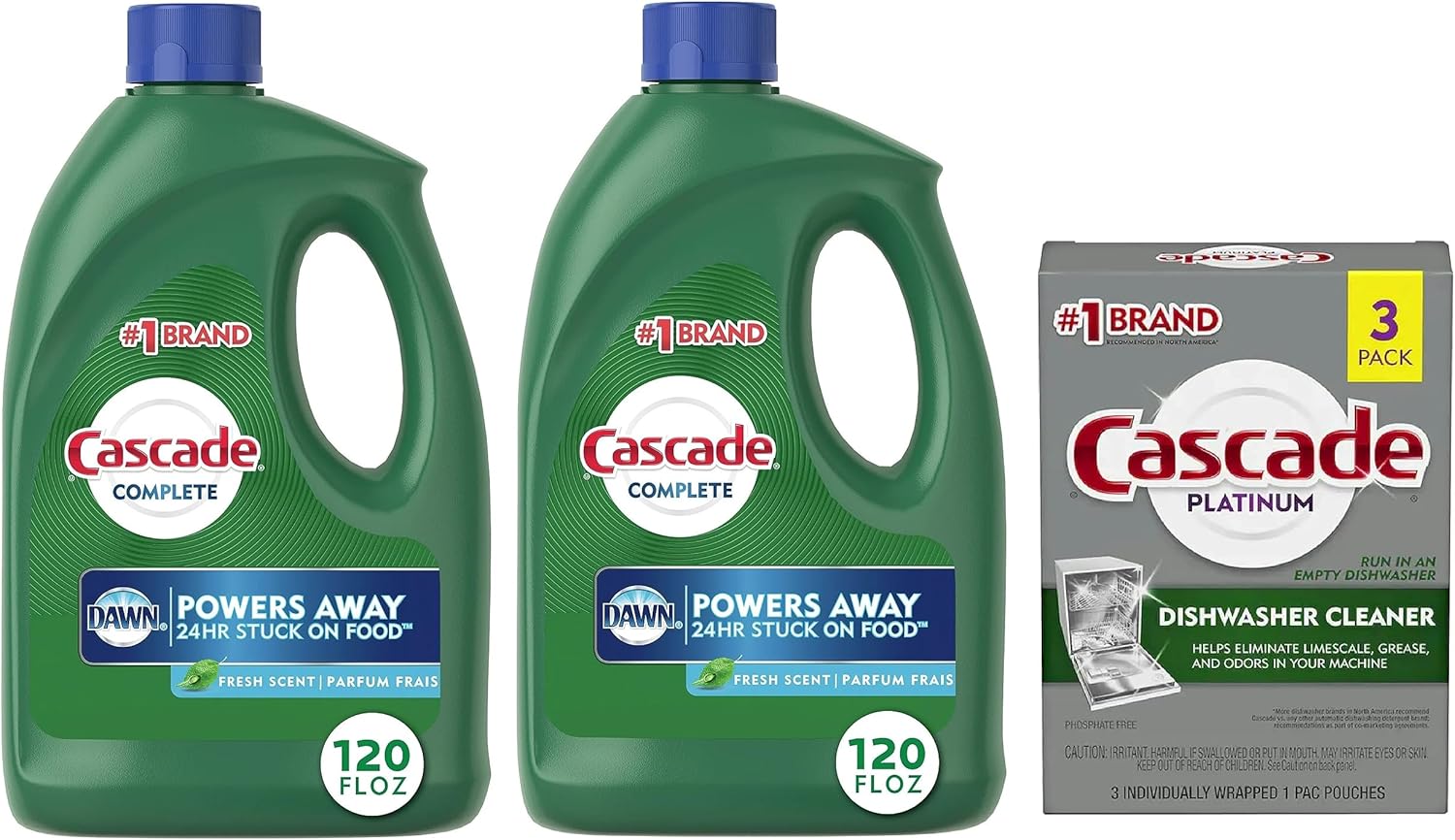Cascade Detergente completo para lavavajillas en gel, aroma fresco, 120 onzas (paquete de 2) con limpiador de lavavajillas Cascade Platinum, paquete