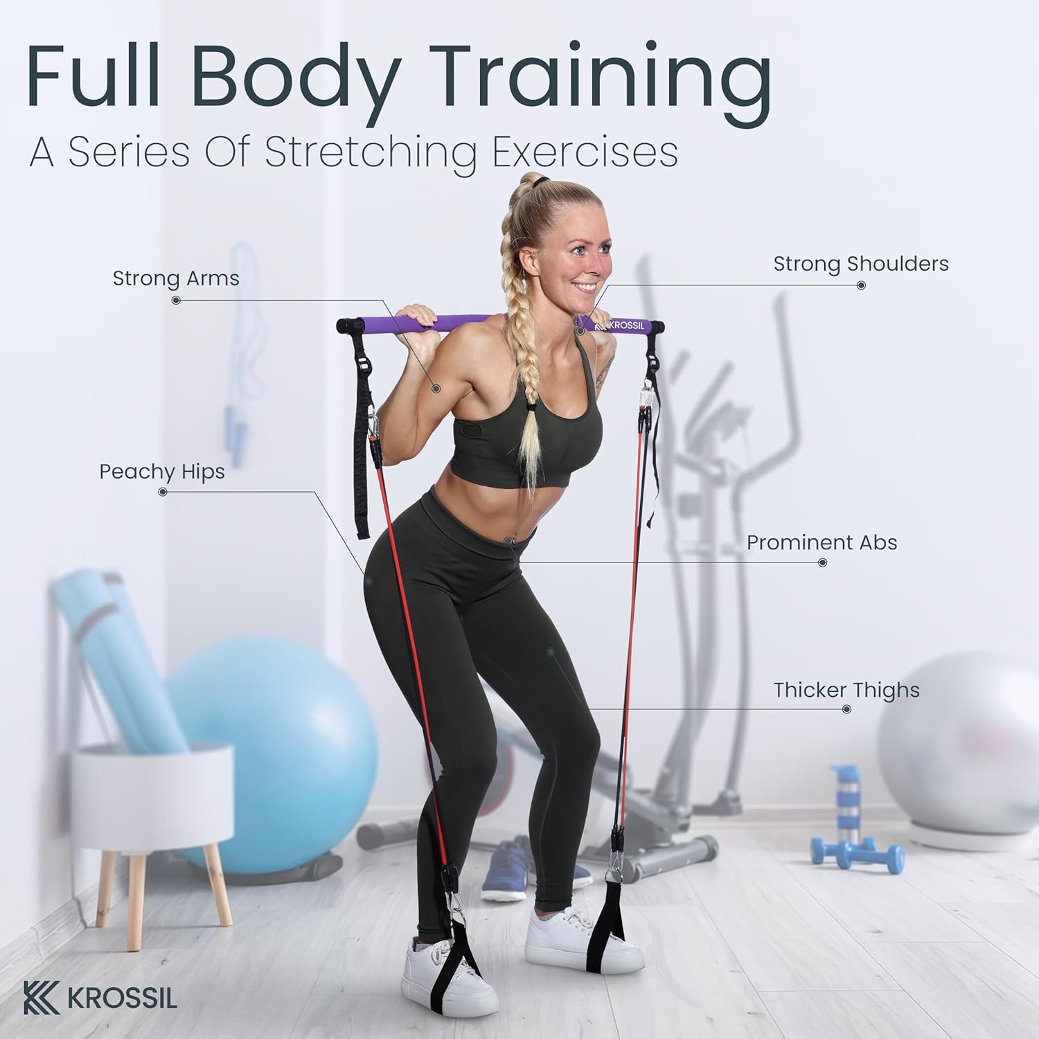 Portable Pilates Bar with Resistance Bands – Adjustable Fitness Kit for Home Workouts – 6 Resistance Bands + 5 Exercise Loop Bands – Natural Latex
