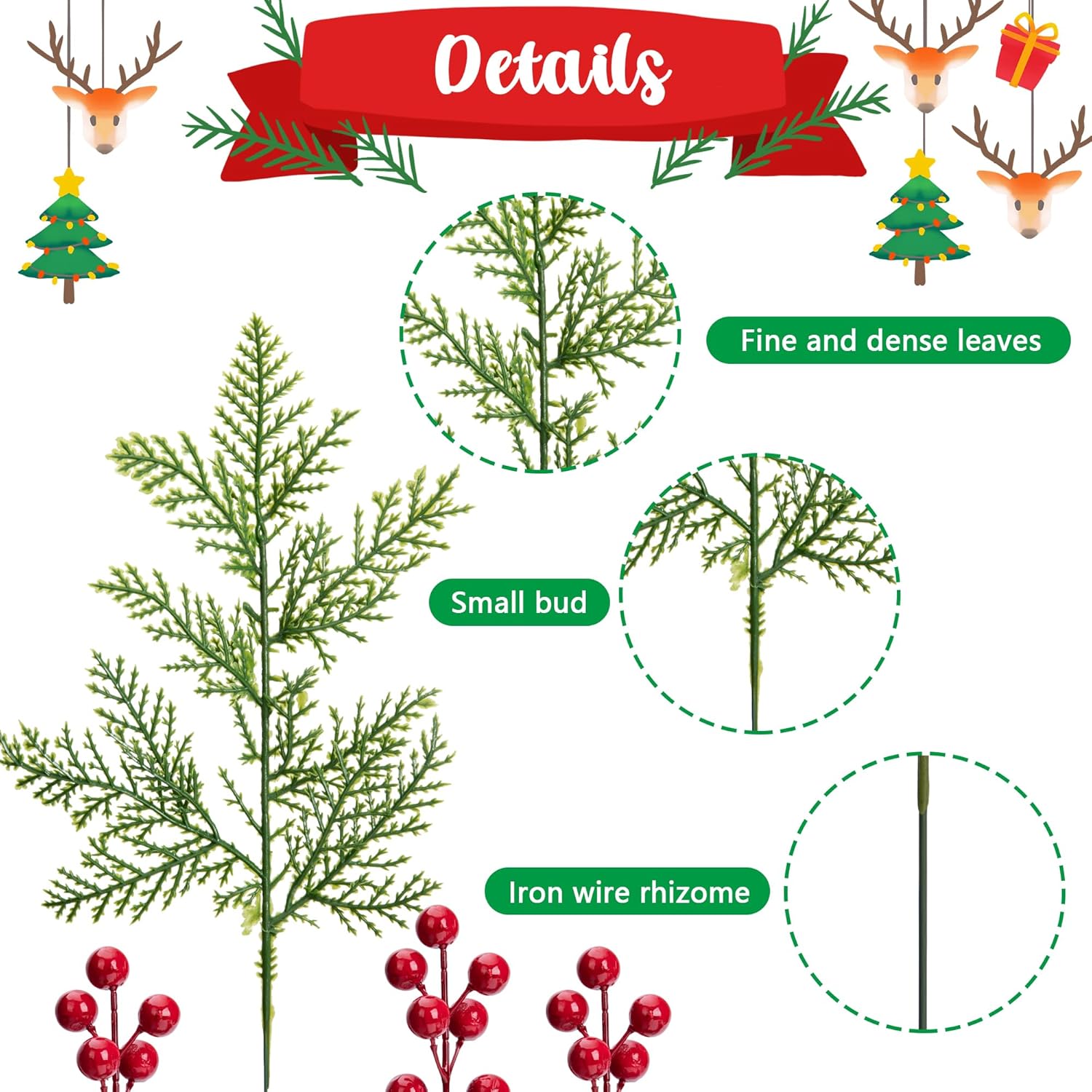Watayo 50 ramas de pino artificiales de Navidad con 10 tallos artificiales de bayas rojas, ramas de hojas de pino de hoja perenne de bayas rojas,