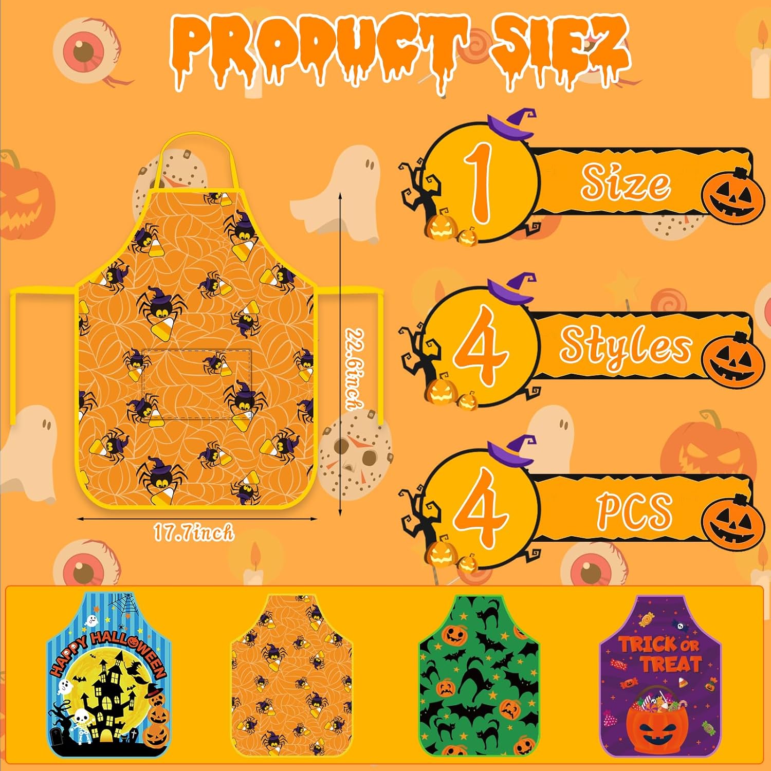 4 delantales de Halloween con bolsillos, delantal de cocina impermeable, delantal para hornear, accesorios de cocina de Halloween