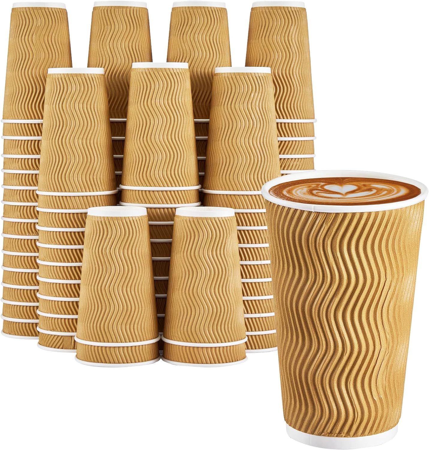 Clawsoff Paquete de 90 tazas de café desechables de 16 onzas sin tapas, tazas de café de papel de pared onduladas con aislamiento champán de 16