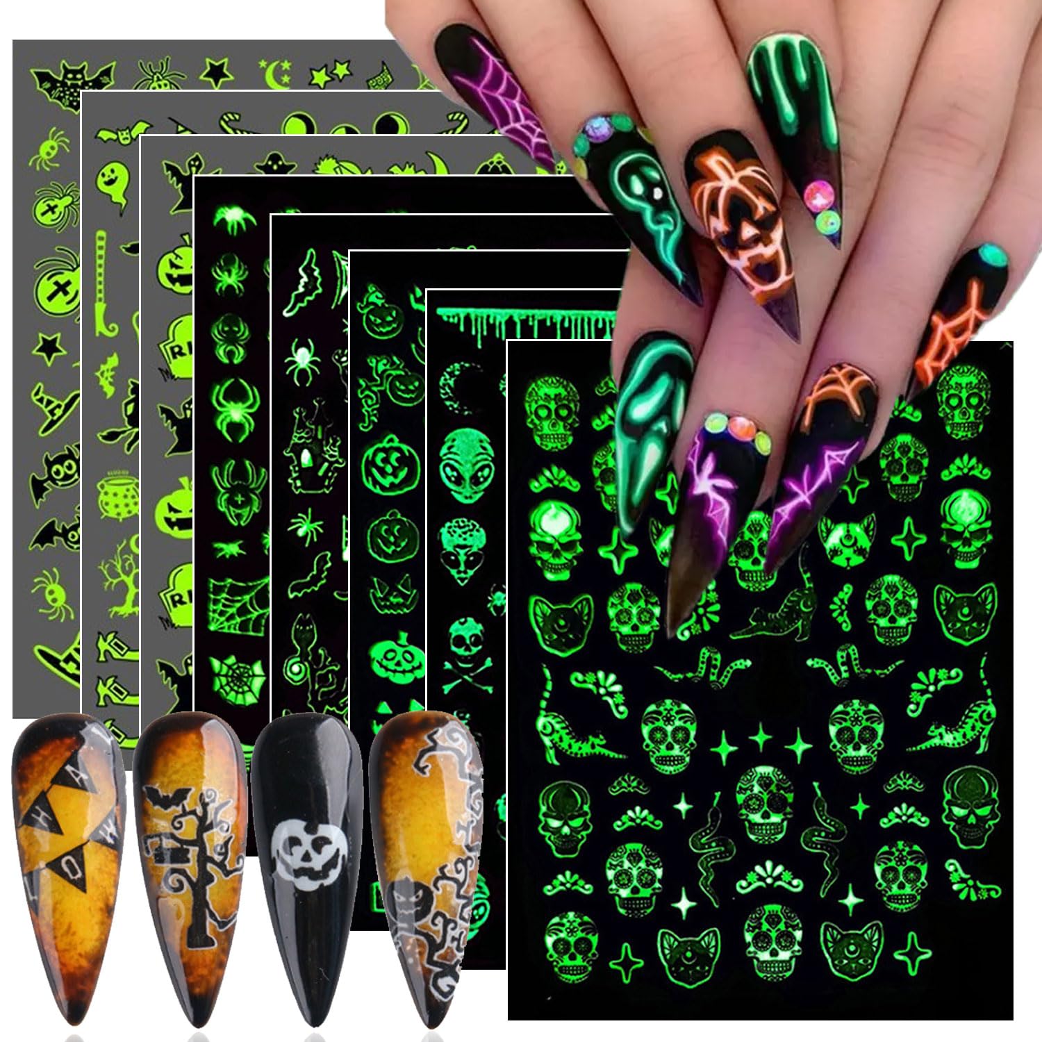 Calcomanías luminosas para arte de uñas de Halloween, 8 piezas que brillan en la oscuridad, calavera, fantasma, araña, calabaza, extraterrestre,