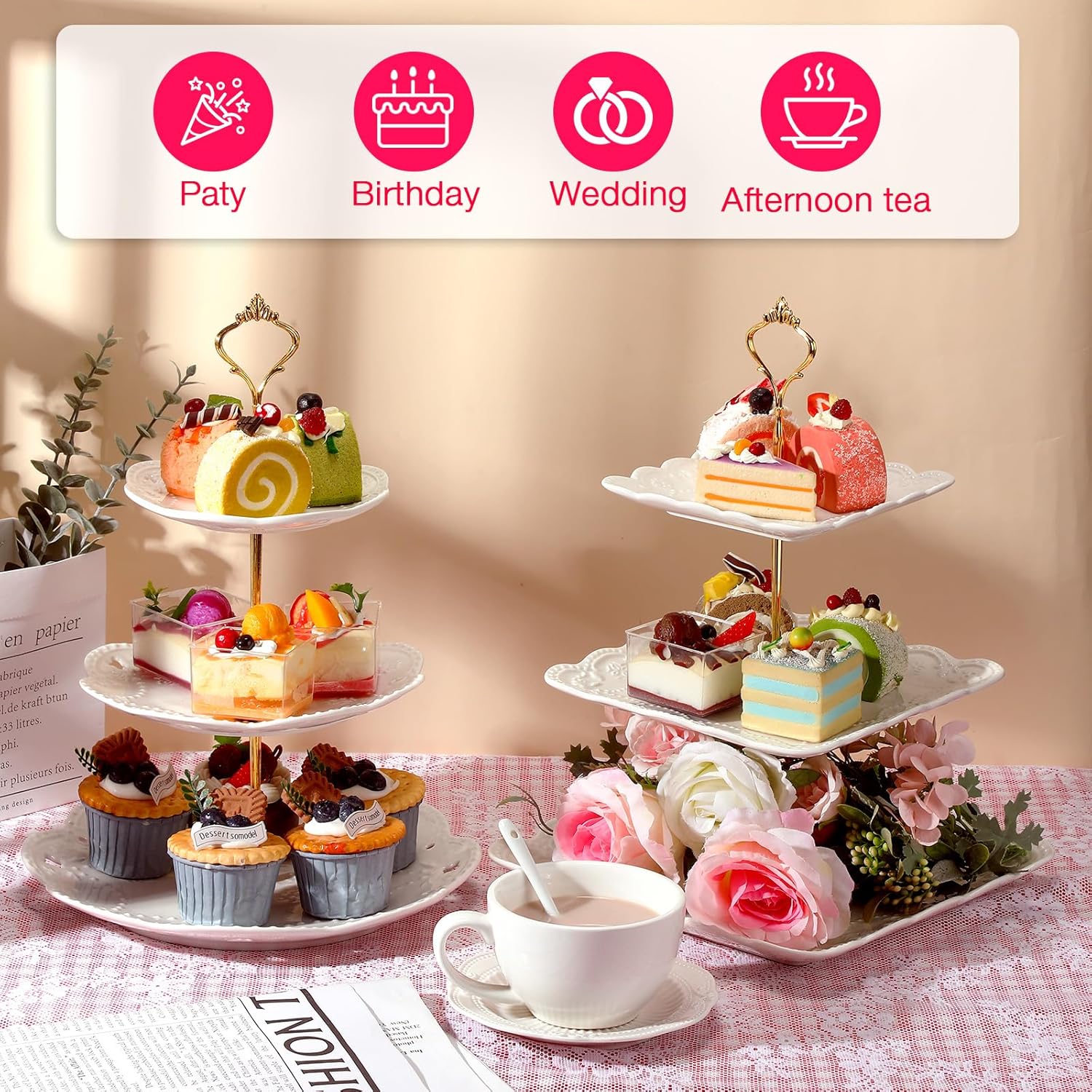 Ctosree Soporte redondo y cuadrado para cupcakes de porcelana de 3 niveles, soporte redondo y cuadrado para tartas de cerámica blanca, bandeja de