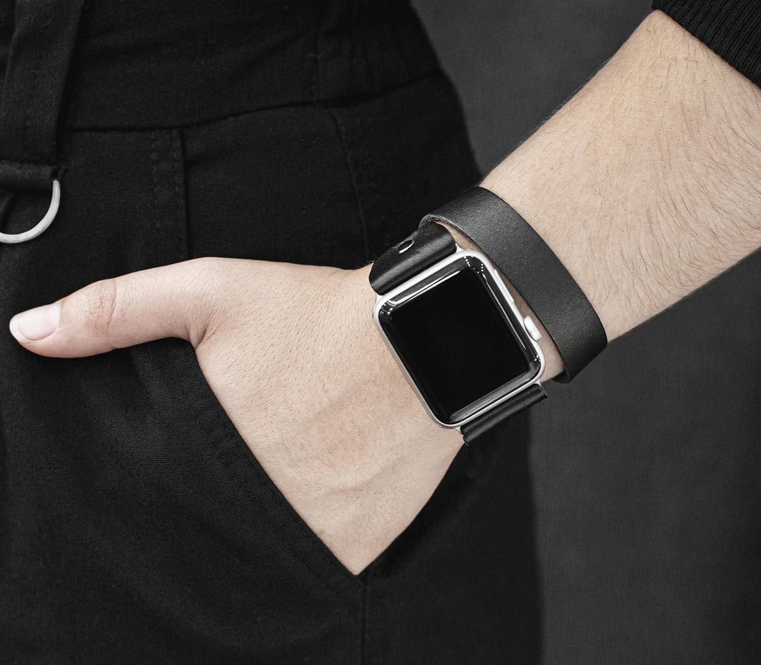 Leather double wrap band strap compatible with Apple watch 38mm 40mm 41mm 42mm 44mm 45mm 49mm, Handmade UA 1810 (black + steel + 6.3-7.3 in + 384041