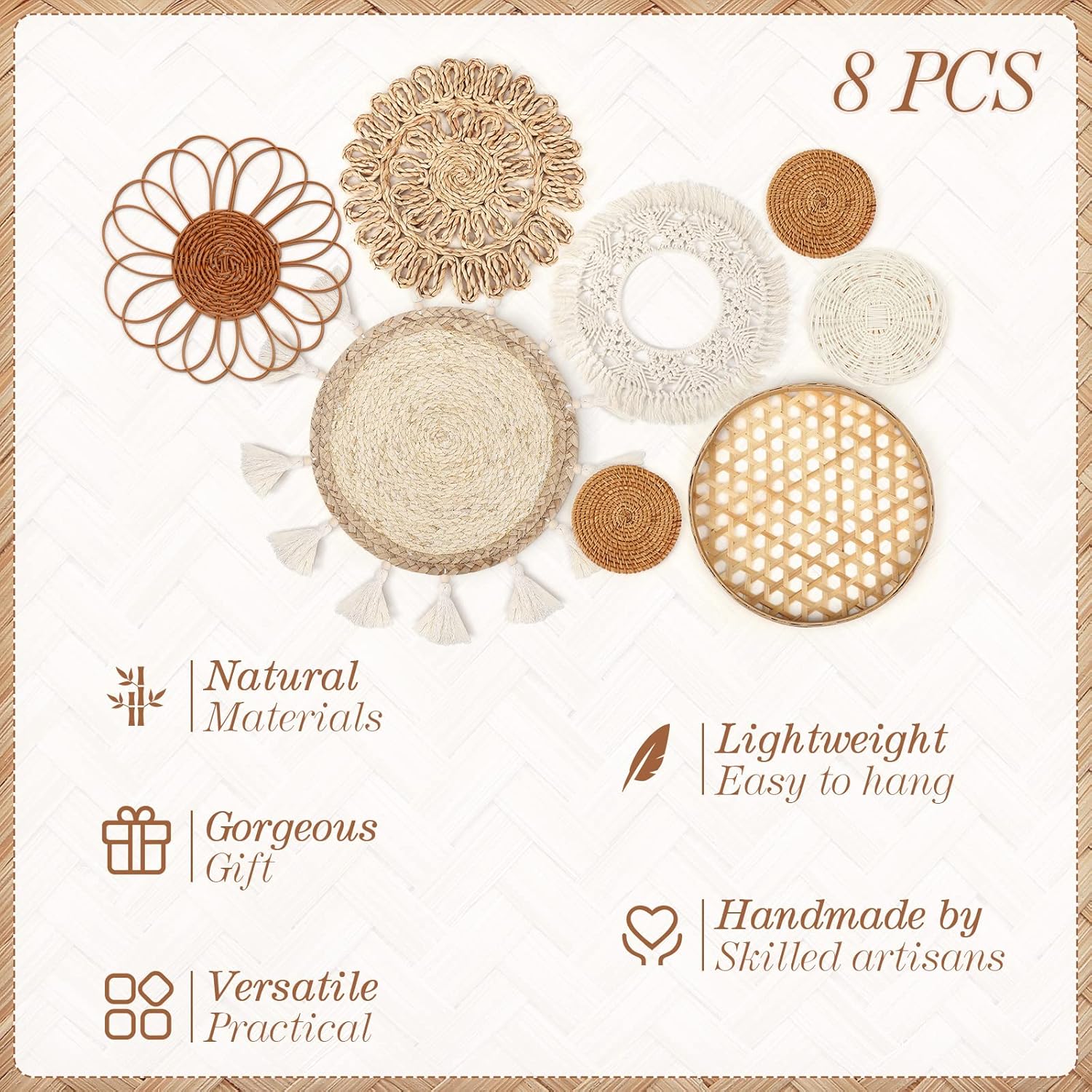 Juego de 8 cestas de pared bohemias para decoración de pared, cesta tejida plana, juego de decoración de pared de ratán, cesta redonda de bambú para