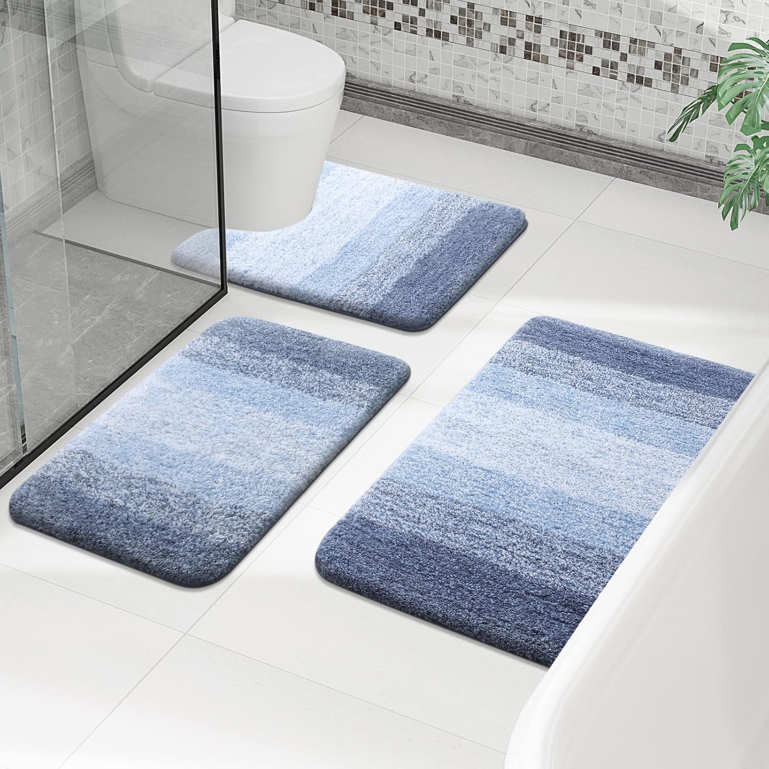 OLANLY Alfombra de baño y aseo en forma de U, tamaño 24 x 20 pulgadas, juego de alfombras de baño de 30 x 20 + 24 x 16 pulgadas, color azul, paquete