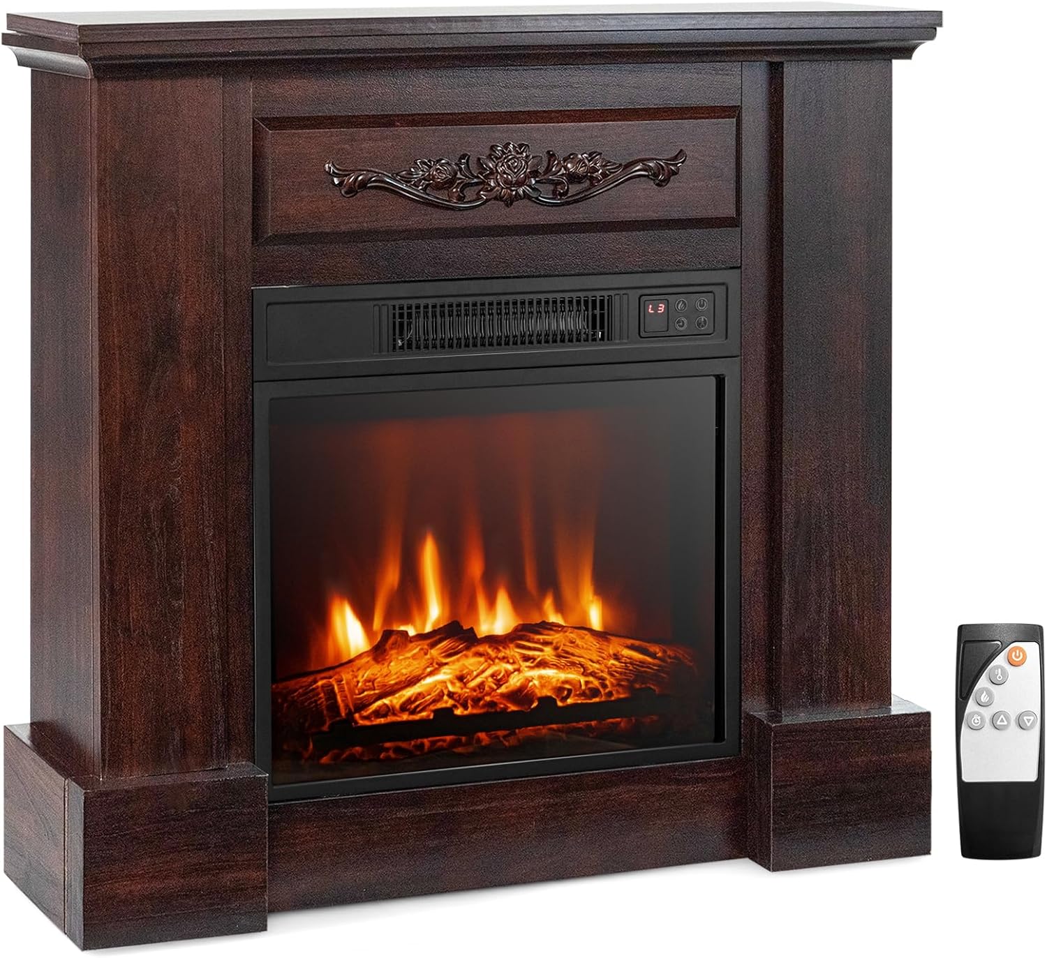 ORALNER Chimenea eléctrica de 32 pulgadas con repisa, paquete de chimenea envolvente de madera con 3 efectos de llama, control remoto y temporizador