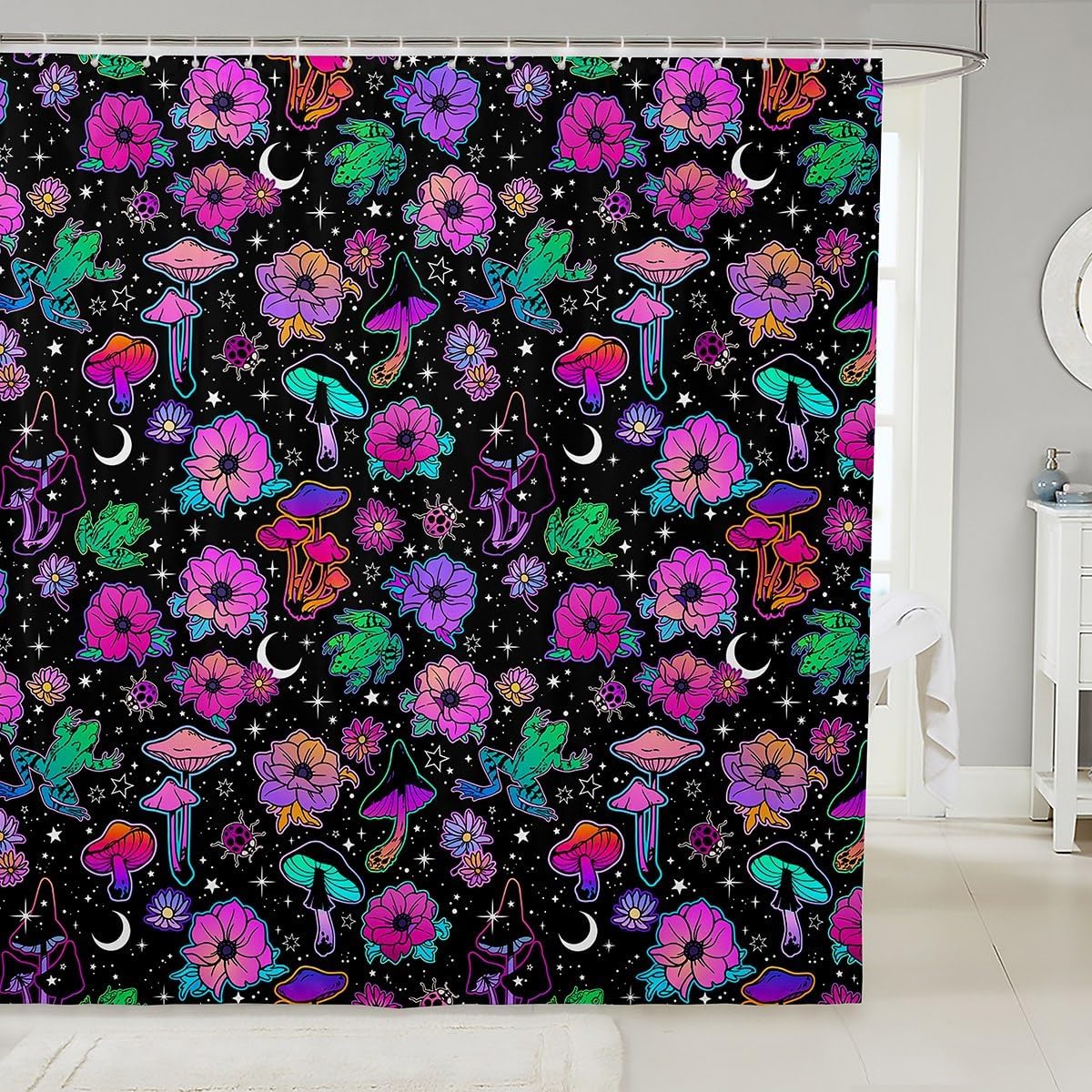 Cortinas de ducha de flores hippie para decoración del hogar, cortina de baño de animales de mariquita, hongos arcoíris, estrellas, luna, galaxia,
