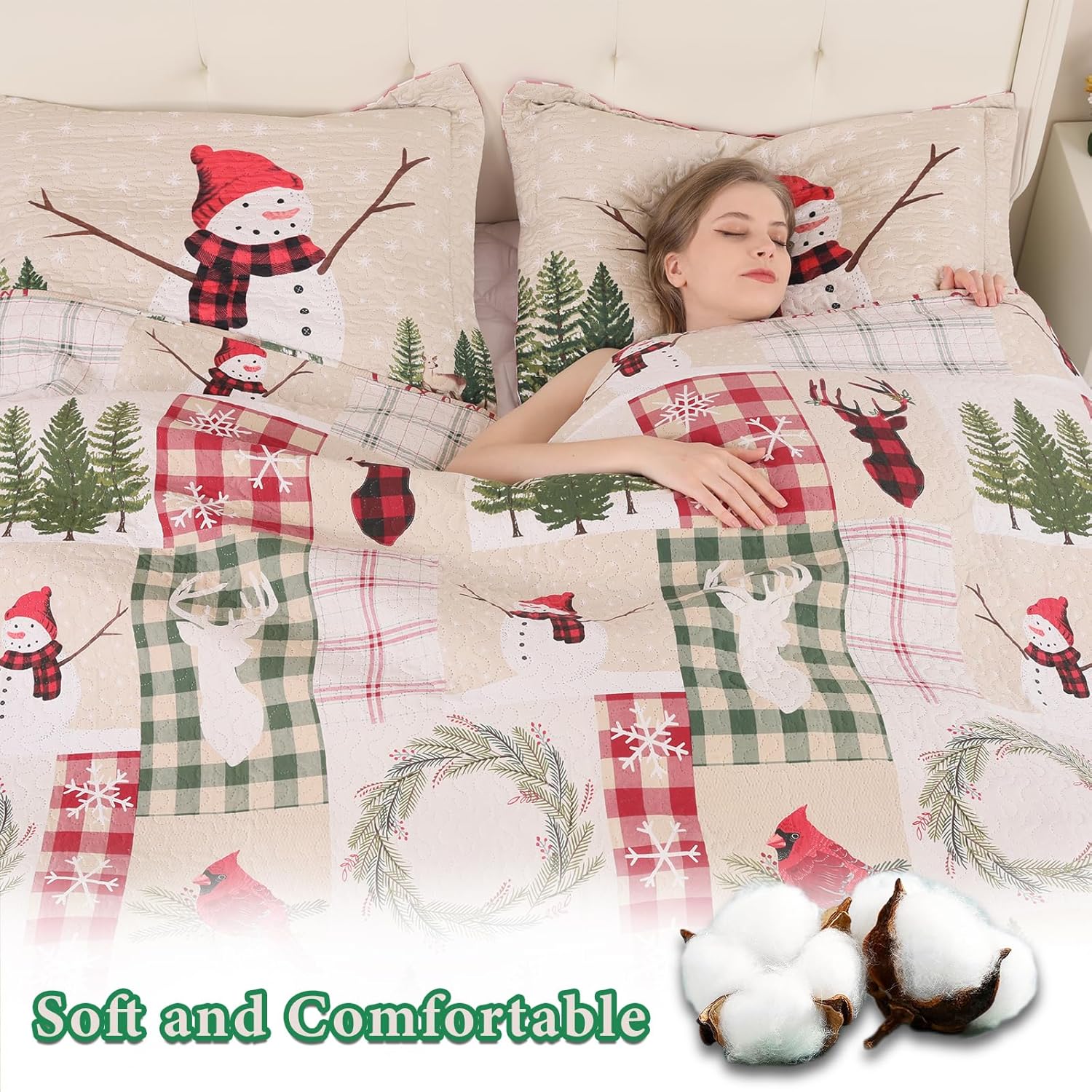 CHESITY Juego de ropa de cama de Navidad de tamaño matrimonialqueen, edredones reversibles de Navidad, edredones rústicos de ciervos, colcha a