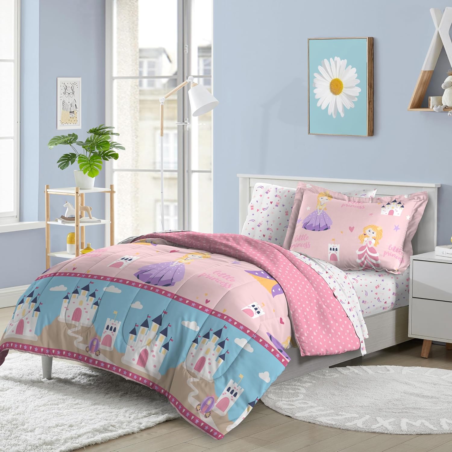 Dream Factory Juego de cama completo de 7 piezas para niños, de microfibra súper suave, fácil de lavar, tamaño matrimonial, princesa rosa