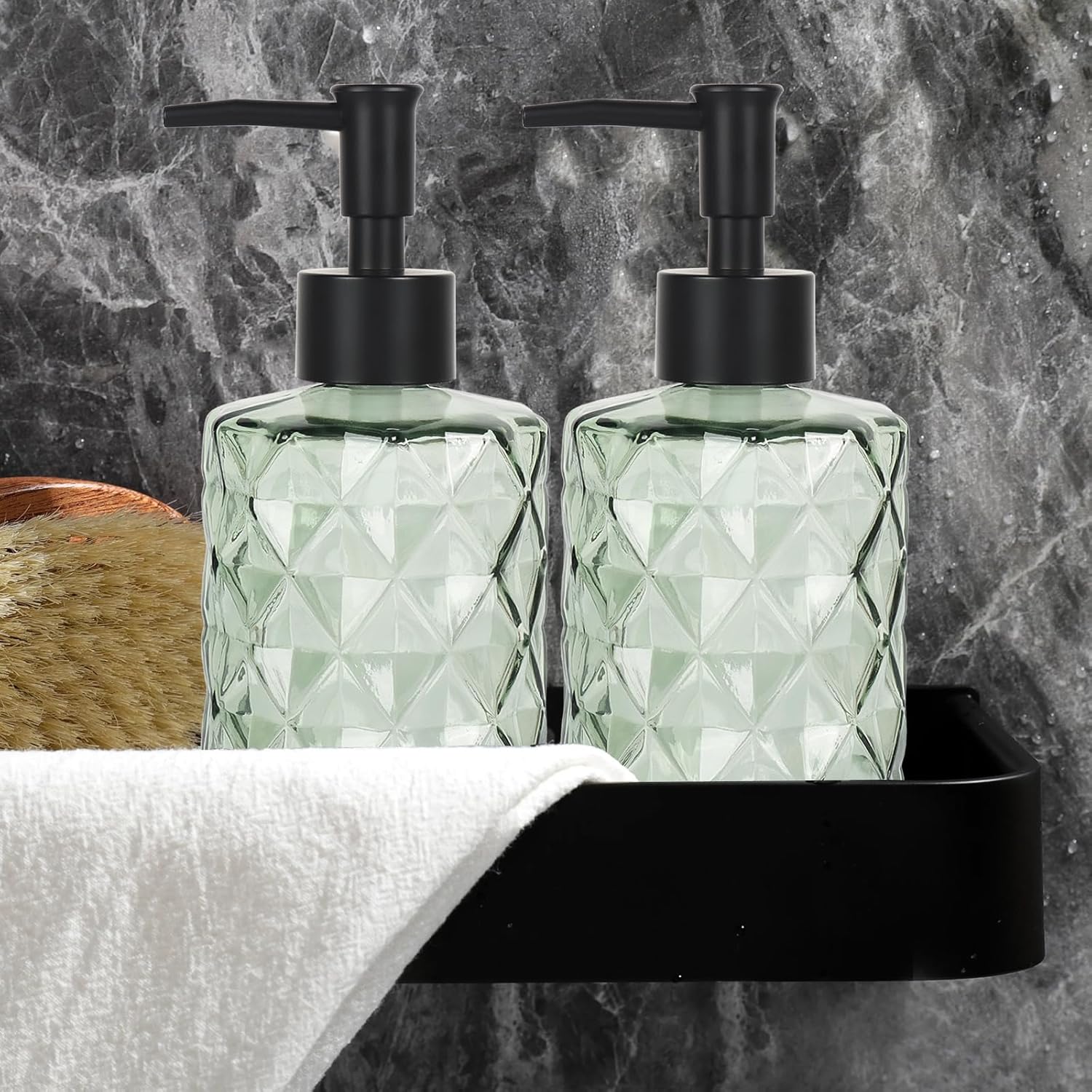 Dispensador de jabón de vidrio transparente, dispensador de jabón líquido de manos de 11 onzas11.2 fl oz para fregadero de cocina y baño, juego de