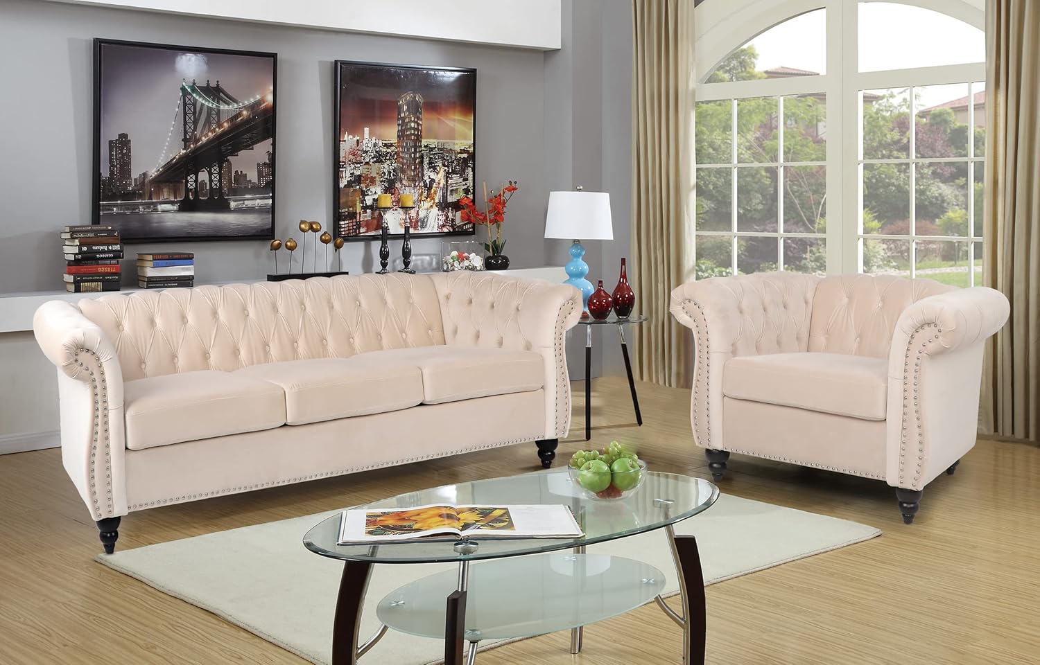 Juego de 2 muebles de sala de estar, juego de sofás Chesterfield de terciopelo Chesterfield y sillas de club Chesterfield con brazos de