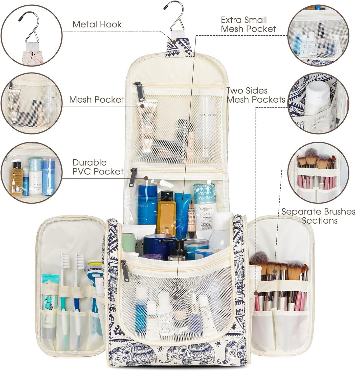 Narwey Neceser de viaje colgante organizador de maquillaje cosmético para mujeres y hombres, B-elefante